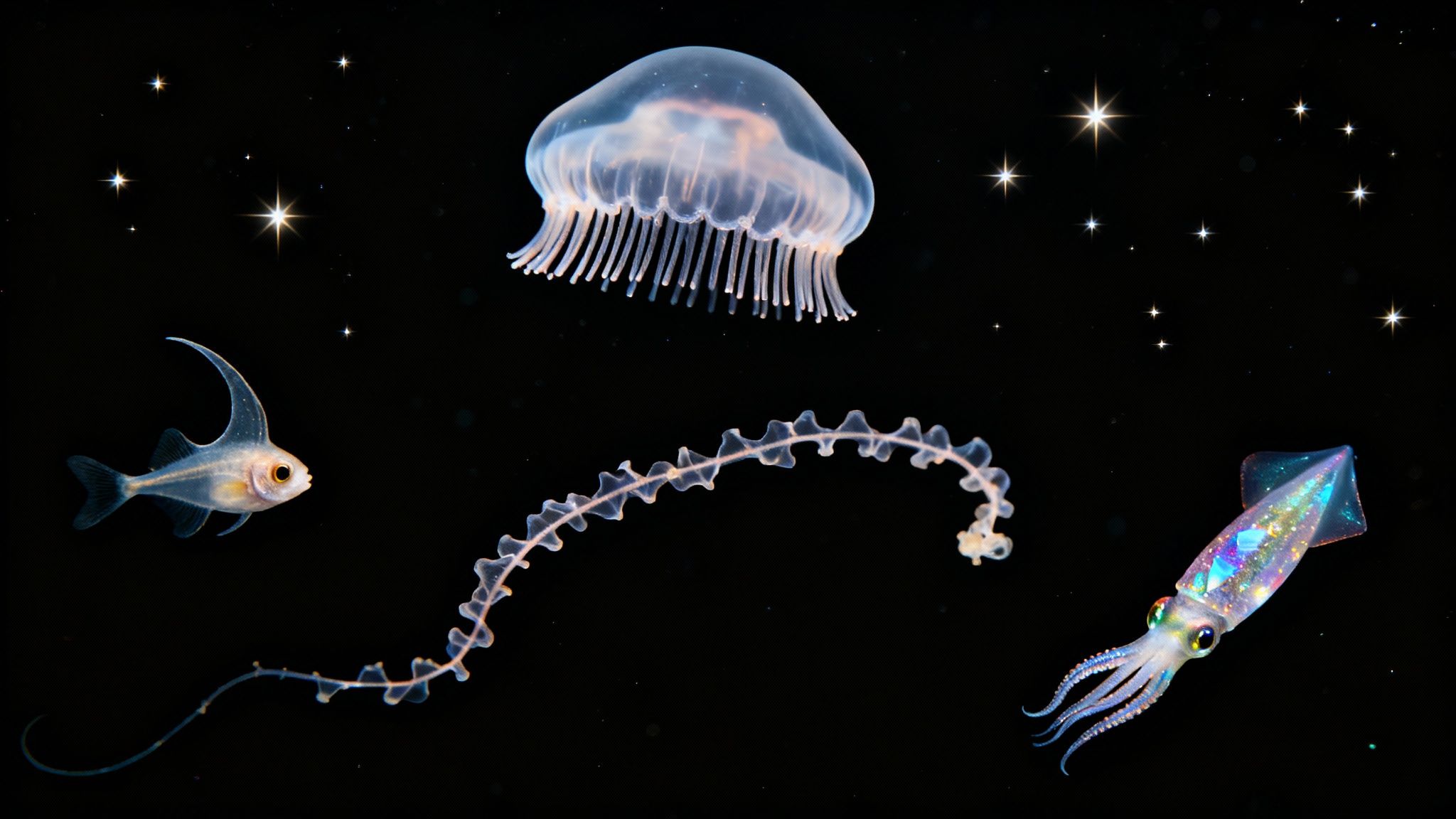 Mesmerizing deep-sea creatures: translucent jellyfish, fish, siphonophore, and iridescent squid in blackwater.