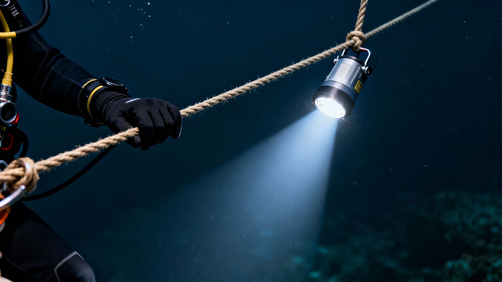 A diver's gloved hand grips a rope underwater, illuminating the dark depths with a powerful dive light.
