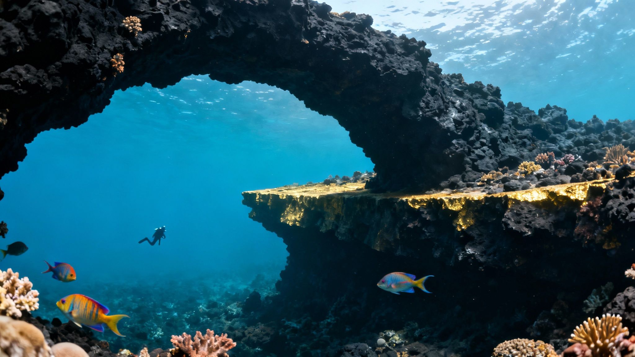 A scuba diver swims near a large coral formation teeming with fish on the Big Island