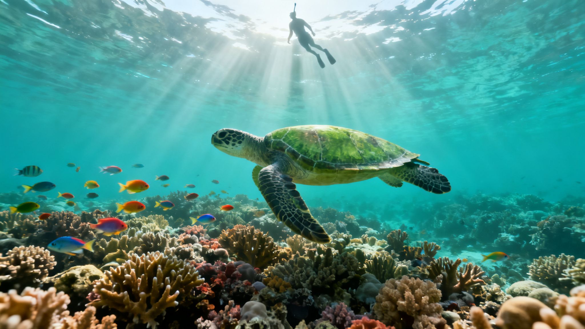 A majestic green sea turtle swims gracefully over a colorful coral reef with tropical fish and a snorkeler above.
