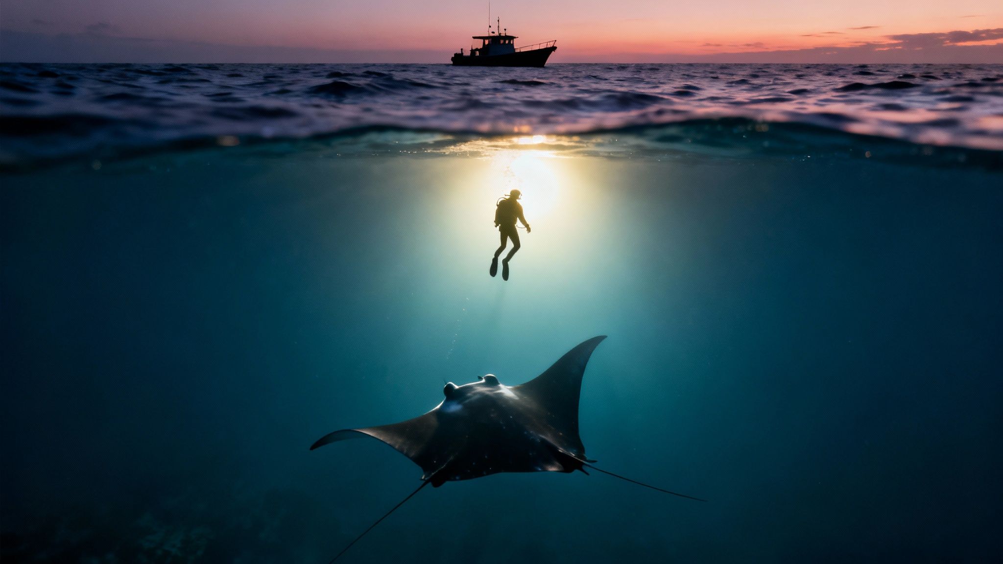 A split-level view of the ocean with a boat at sunset above, and a diver and manta ray below.