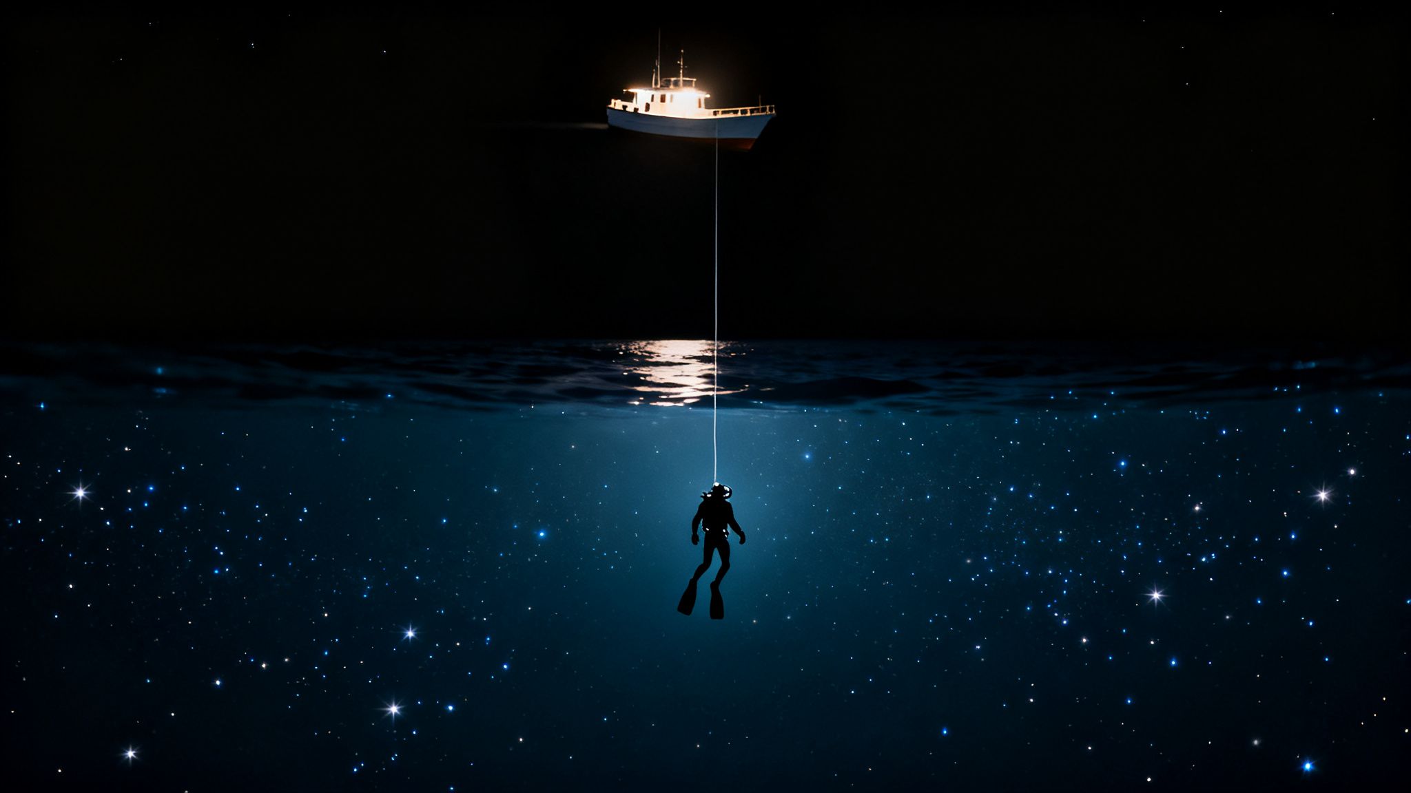 A diver tethered to a boat, floating in dark, star-filled ocean depths at night.