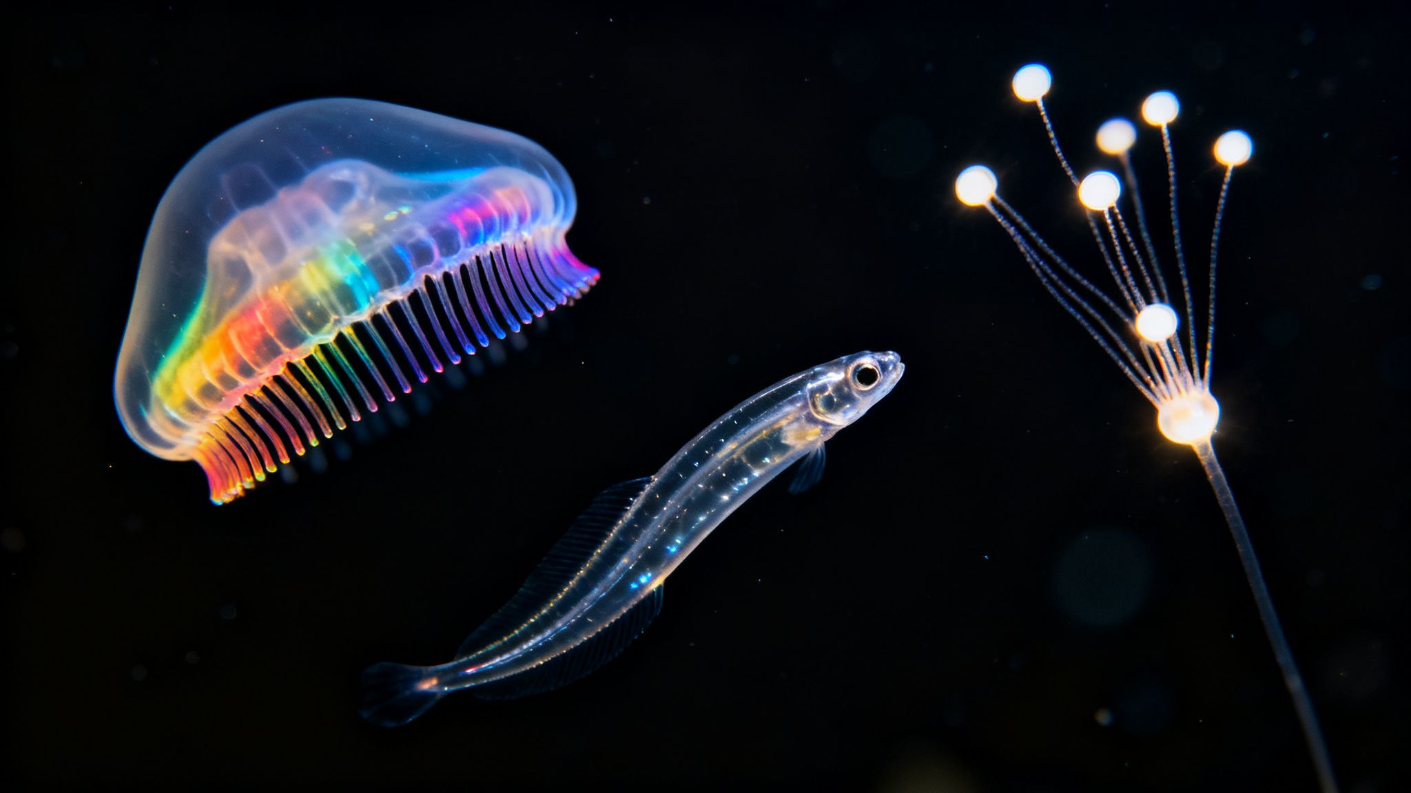 A vibrant rainbow comb jelly, a transparent fish, and a glowing deep-sea creature in dark water.