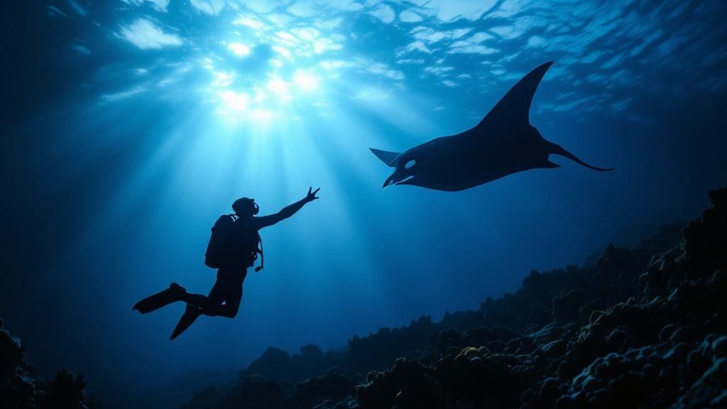 A manta ray glides gracefully through dark blue water, its white underside illuminated.