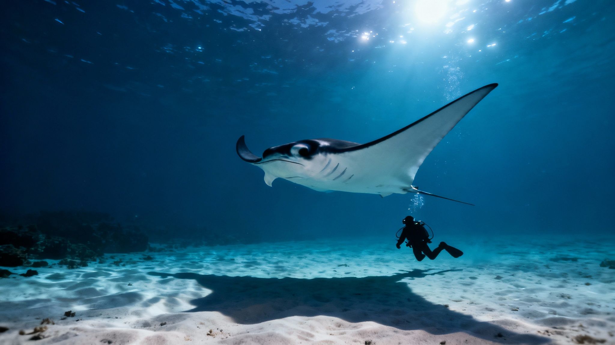 Several giant manta rays swimming at night in Kona, illuminated by dive lights.