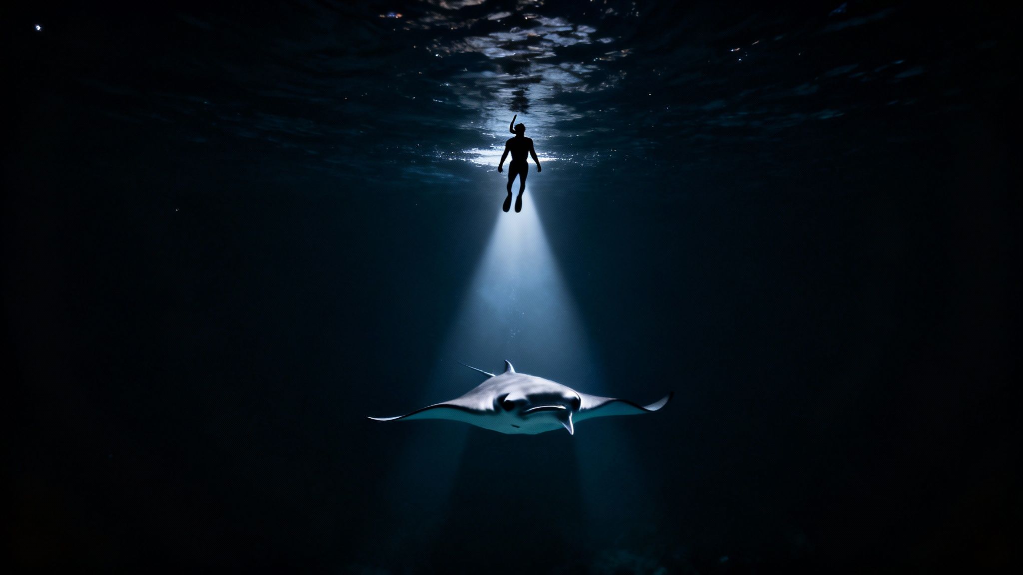 Snorkelers holding onto a light board, watching manta rays below them.