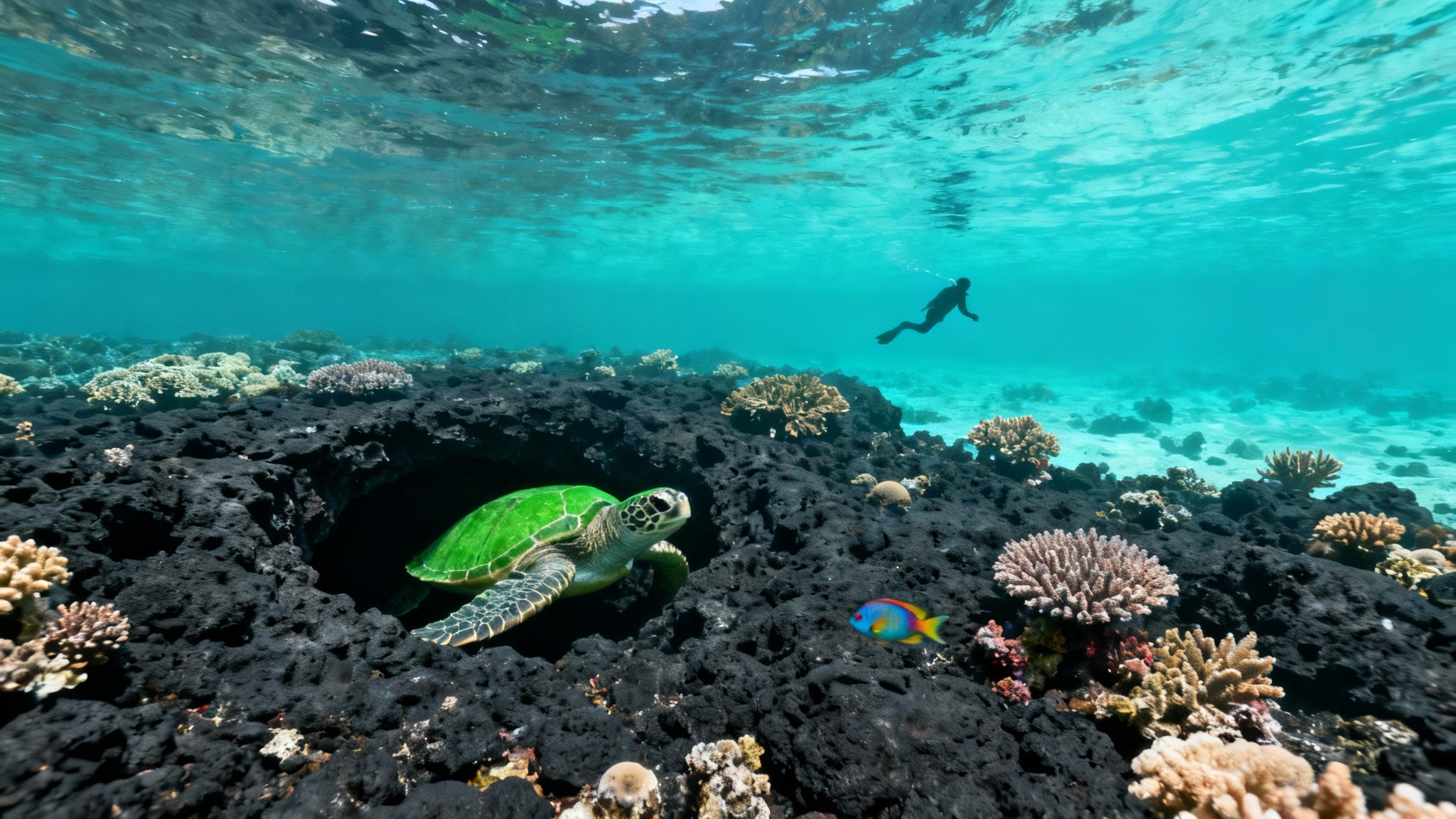 A vibrant green sea turtle emerges from a dark coral reef with a diver swimming above in clear blue water.