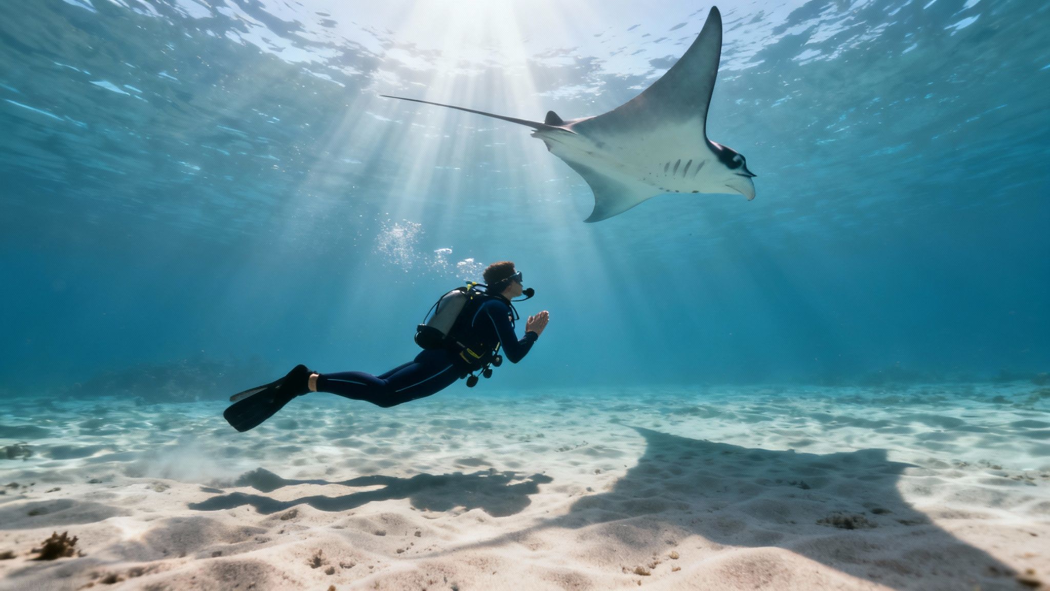 A manta ray swimming very close to a scuba diver who is observing respectfully.