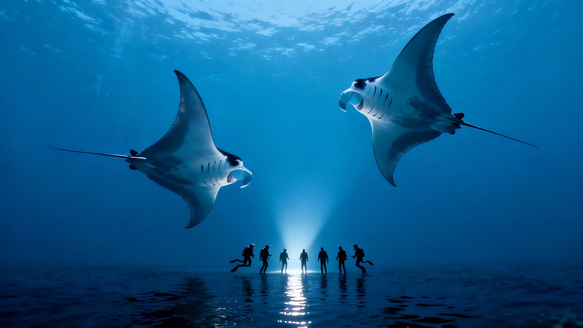 Two majestic manta rays gracefully swim above six scuba divers in a radiant underwater scene.