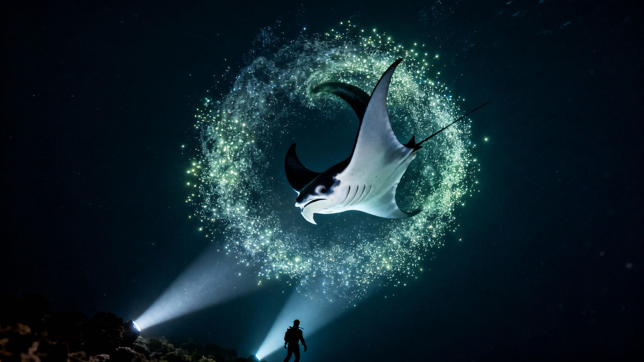 Manta Rays Feeding at Night