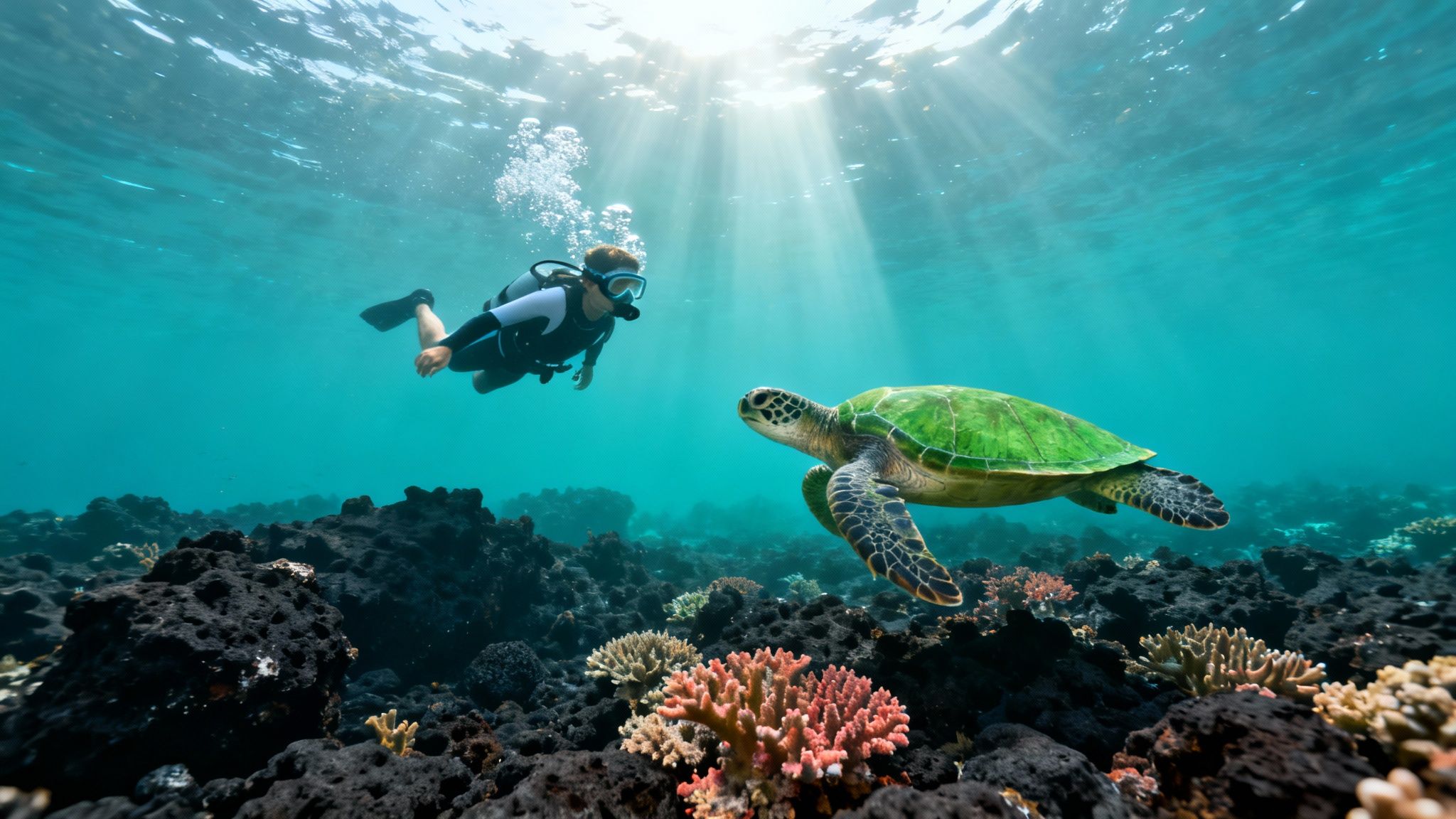 A scuba diver watches a green sea turtle swim gracefully over volcanic coral reefs with sun rays.