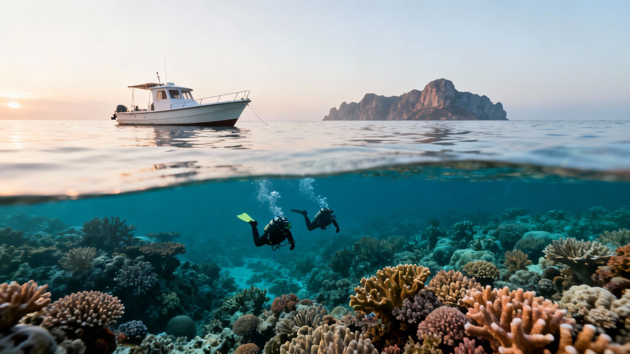 Two scuba divers explore a vibrant coral reef below a boat and rocky island at sunrise.