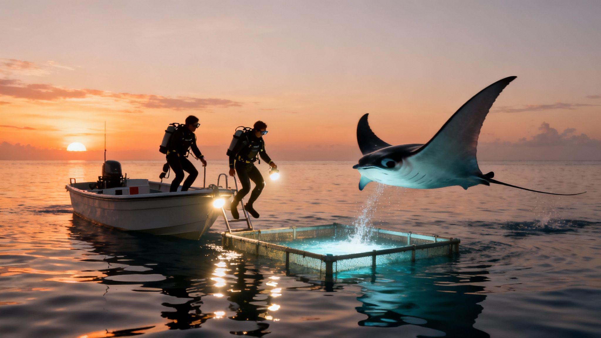 A group of scuba divers on the ocean floor watching manta rays gracefully swim above them, illuminated by dive lights.