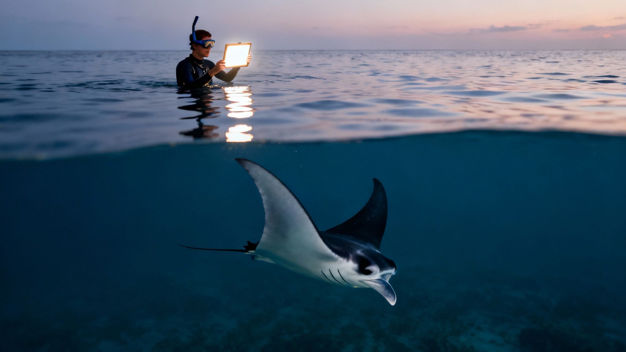 Snorkelers holding onto a light board as a manta ray swims just below them at night in Kona.