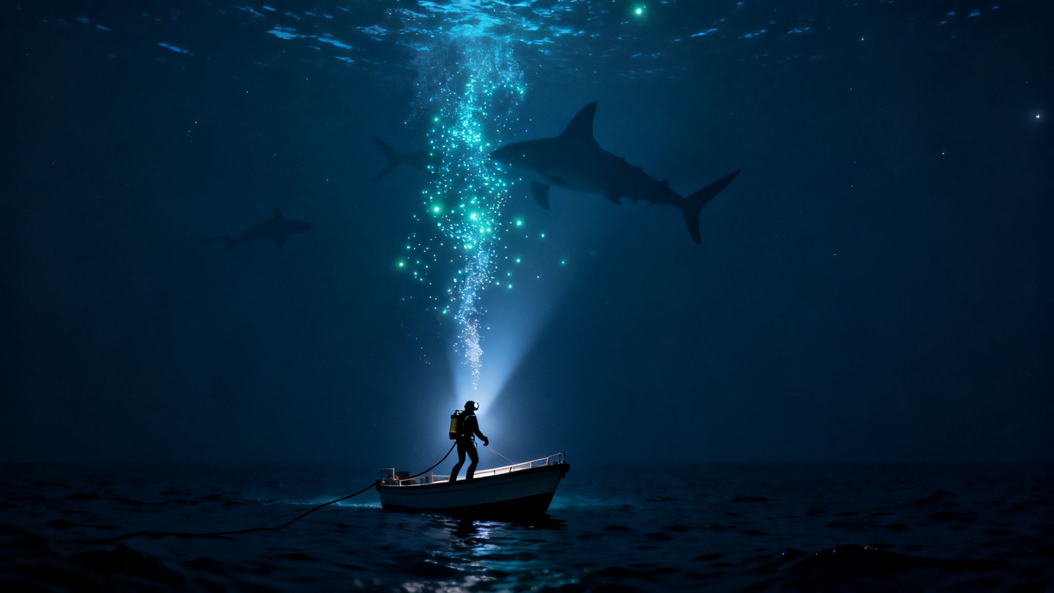 A lone diver in a boat illuminates luminous underwater bubbles, watched by silhouetted sharks.