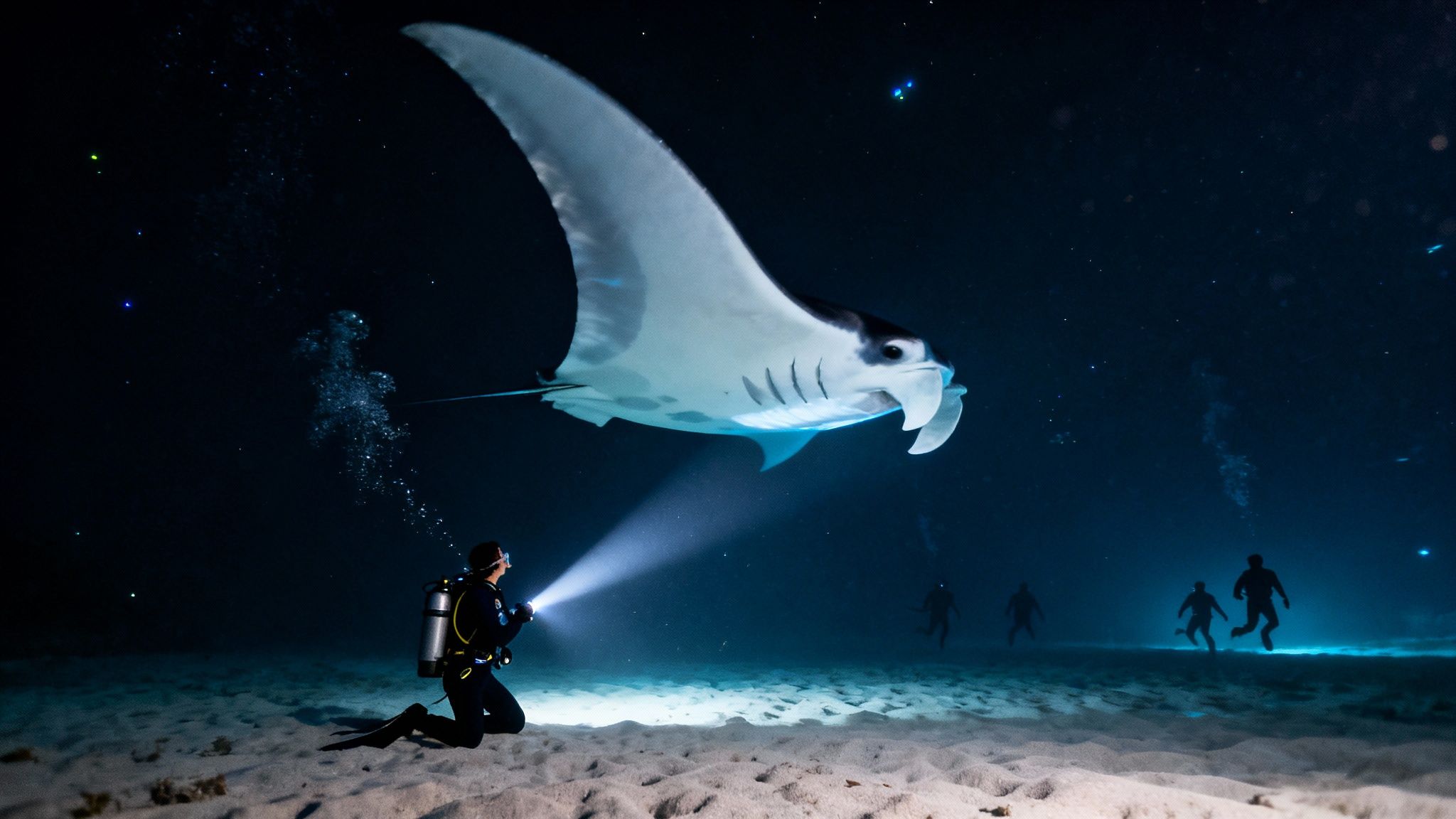 Night dive scene with a diver on the sandy seabed illuminating a large manta ray.
