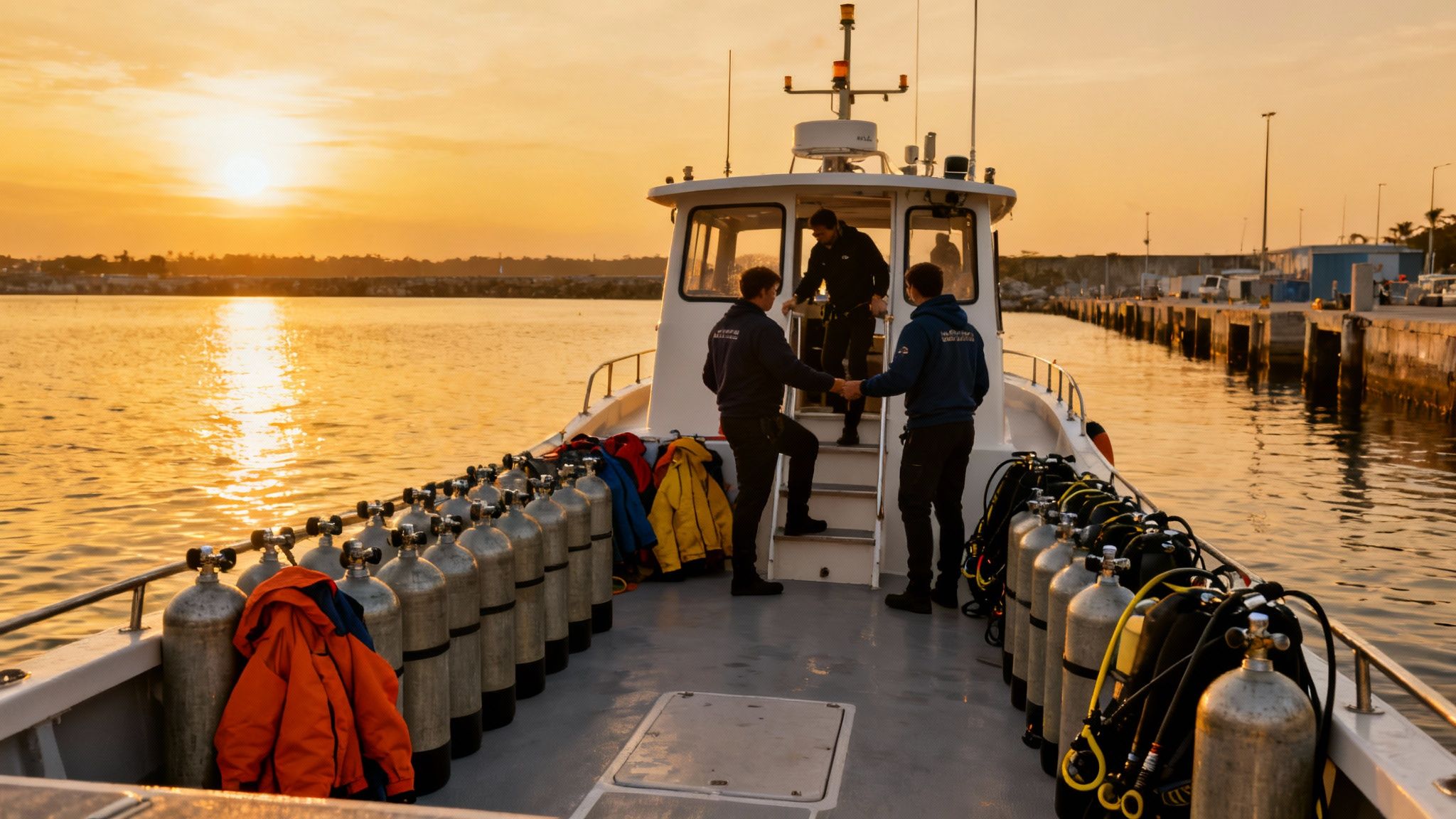 A dive boat at sunset with scuba tanks and divers preparing for a night dive.