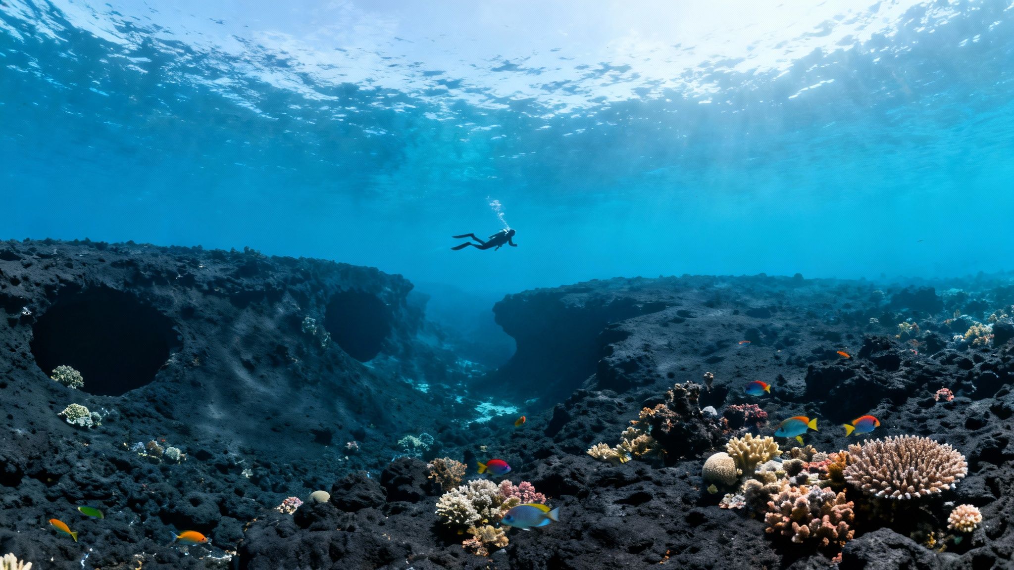 A scuba diver explores a vibrant coral reef amidst dark volcanic formations in clear blue water.
