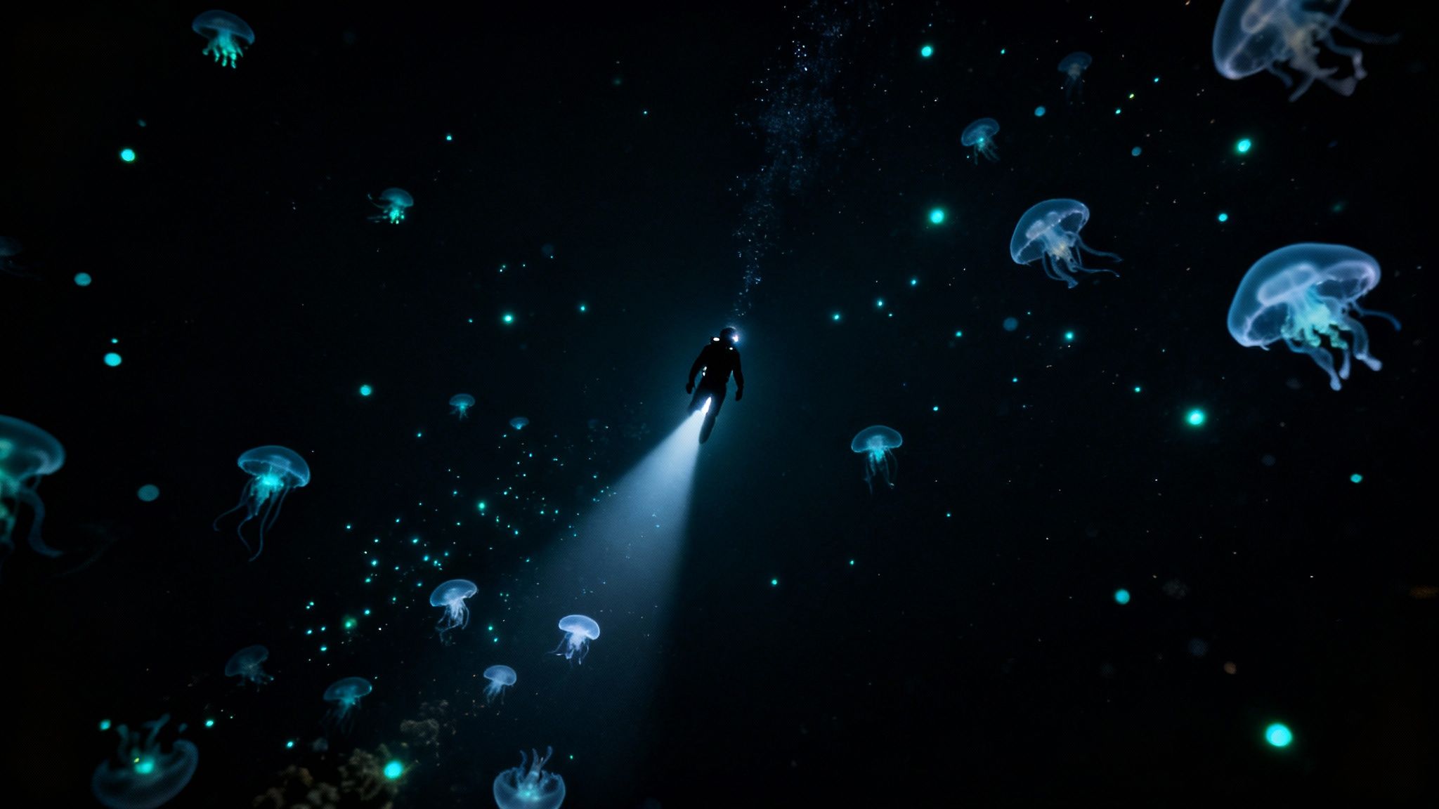 A scuba diver illuminates a deep, dark underwater scene with a powerful dive light.