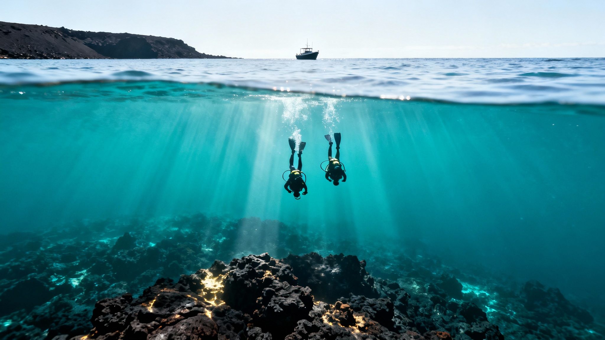 Two scuba divers explore a vibrant underwater reef with sunbeams, a boat, and island visible above.