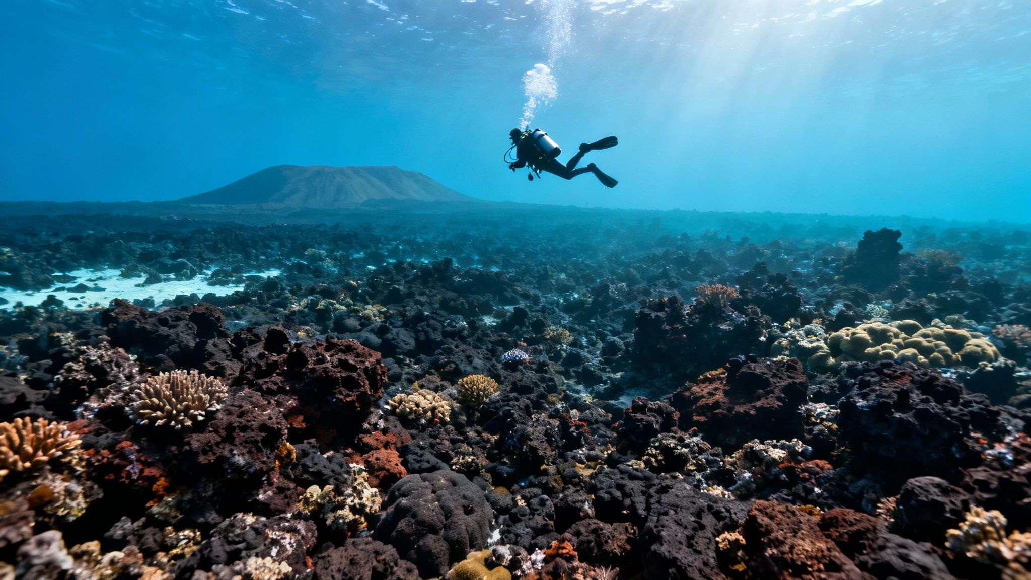 A scuba diver swims over a coral reef with a school of yellow fish.