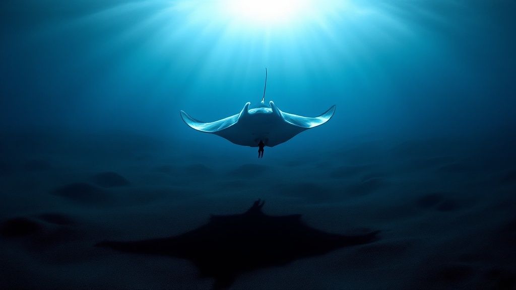 A vibrant coral reef with a school of yellow fish swimming through it in Kona, Hawaii.