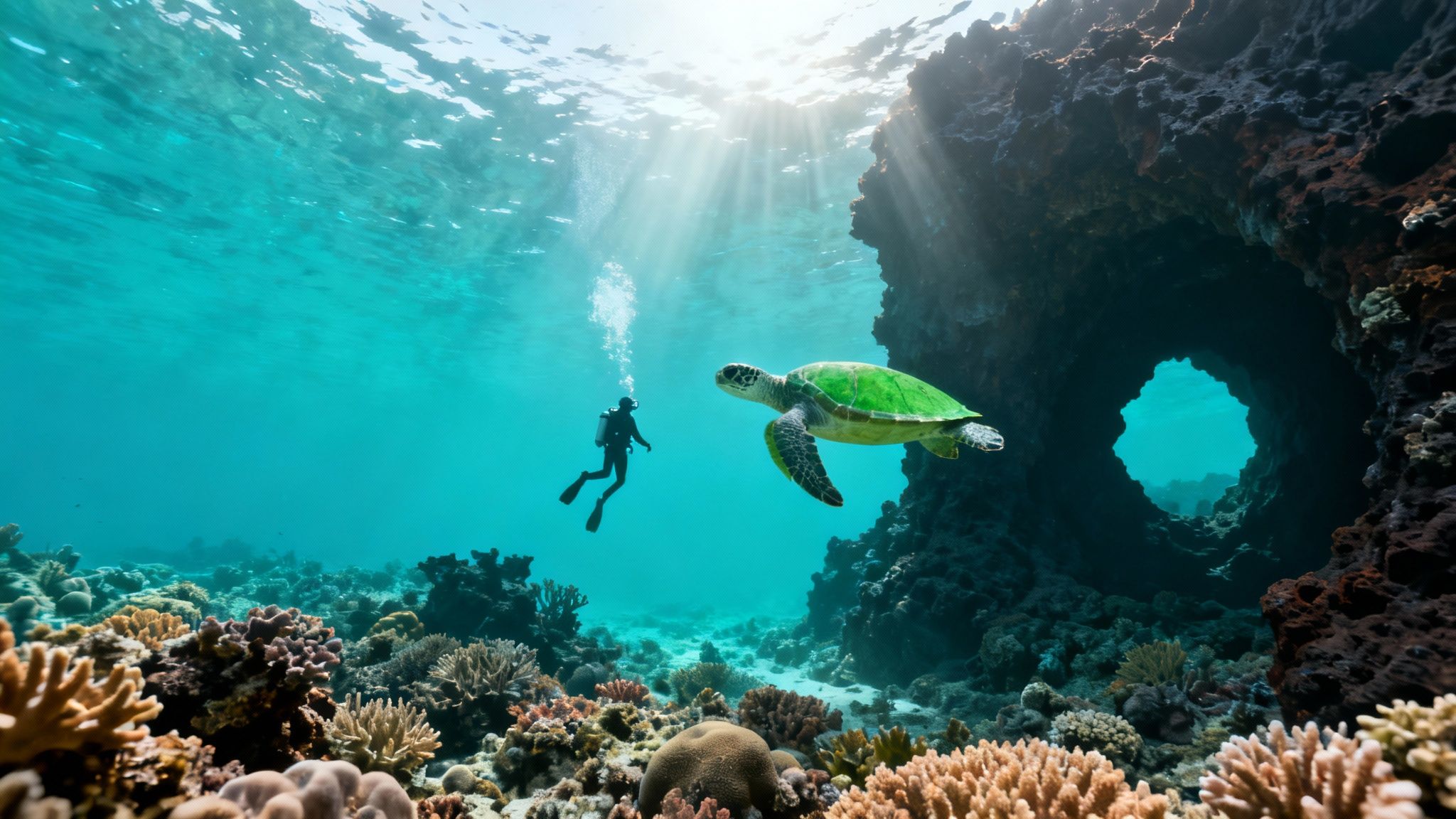 A vibrant underwater scene with a diver observing a green sea turtle near a coral reef and cave.
