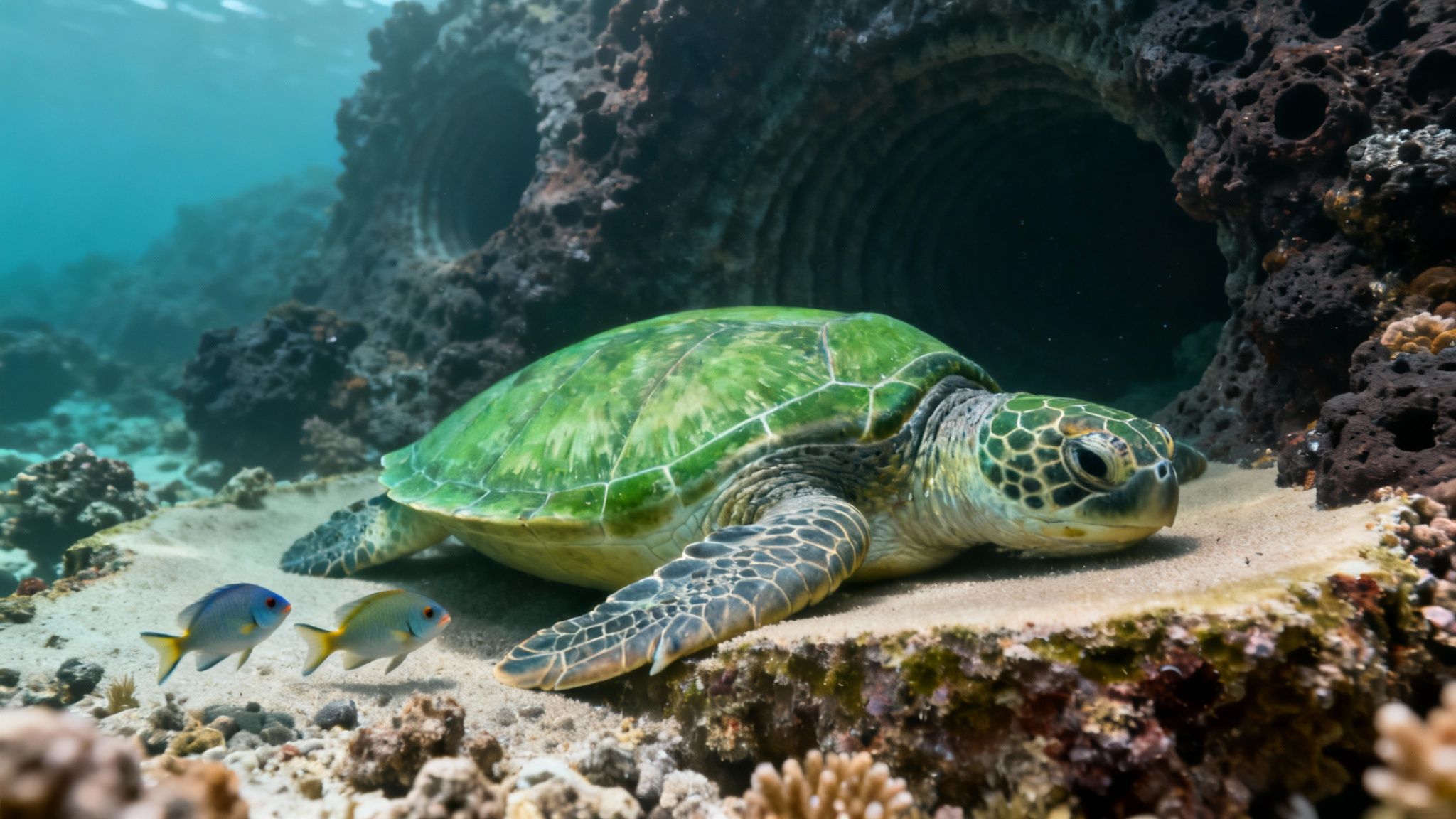 A scuba diver swims near a large green sea turtle over a coral reef in Kona, Hawaii.