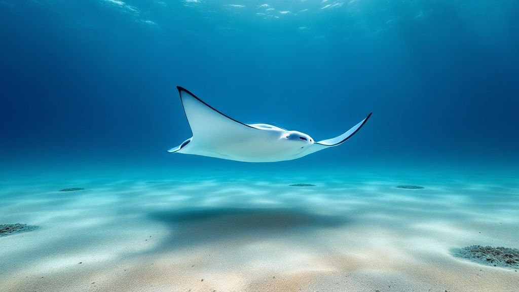 A scuba diver encounters a massive manta ray during a night dive in Kona, Hawaii.