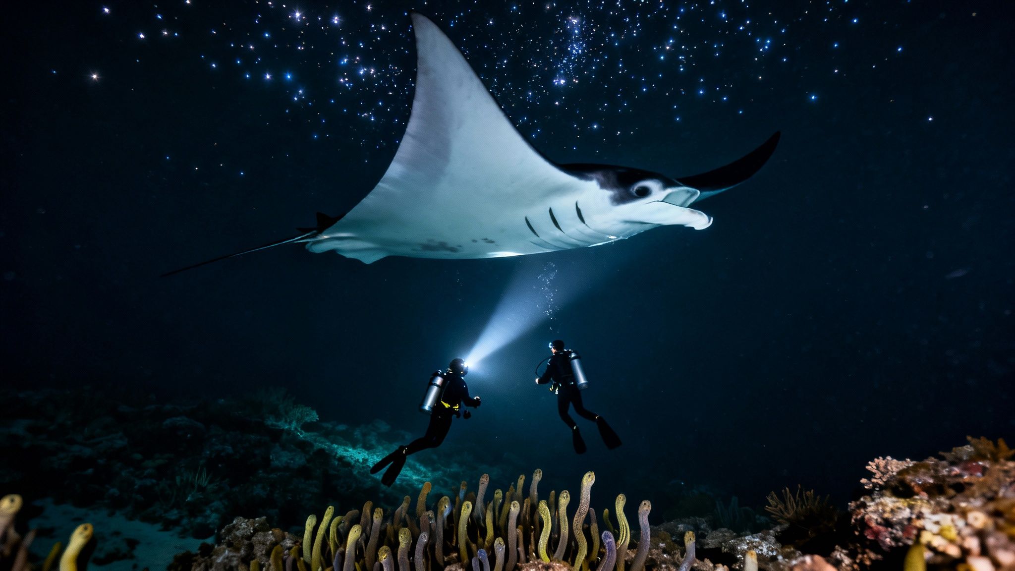 Two scuba divers shine lights on a majestic manta ray during a night dive over a coral reef.