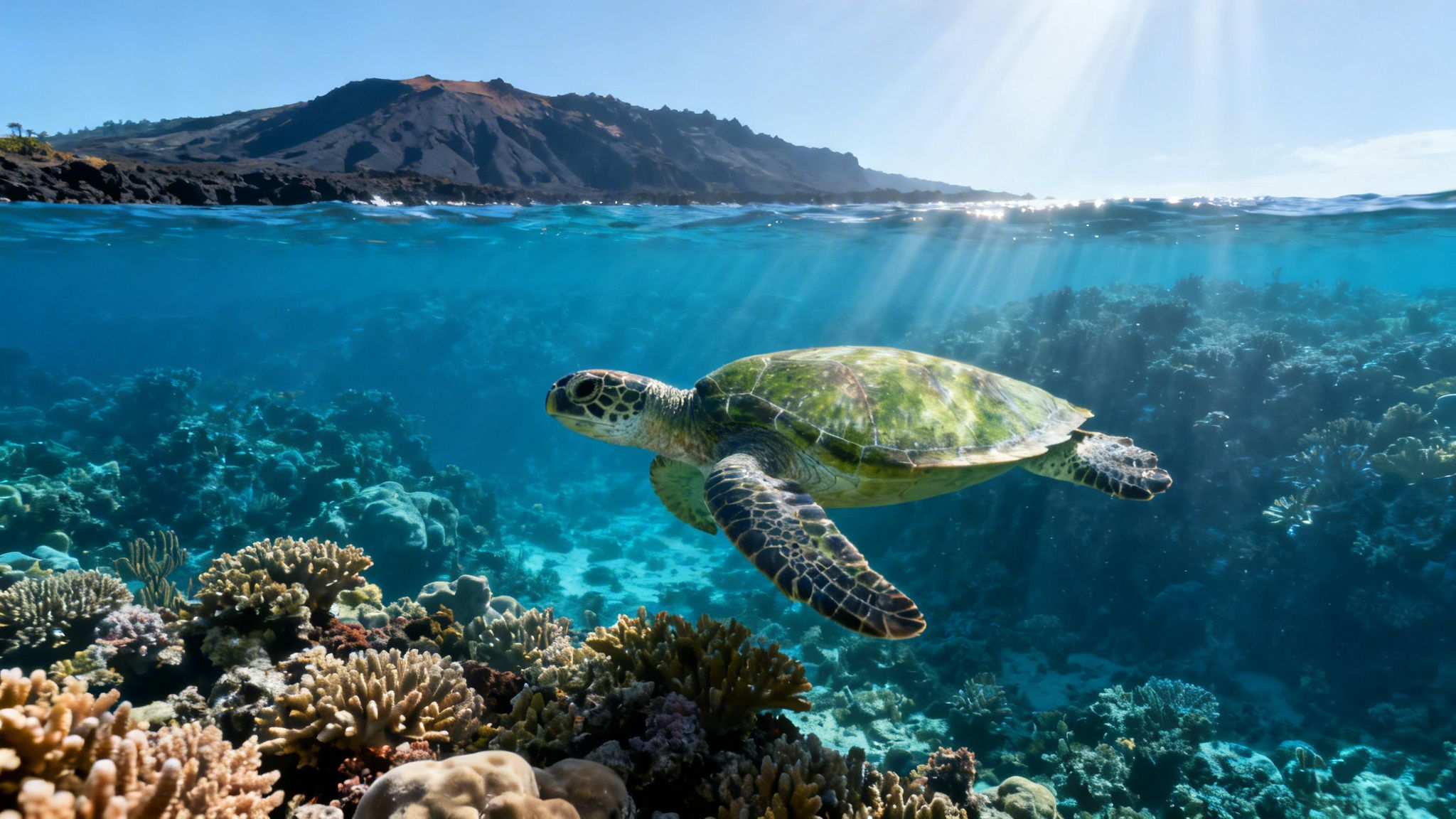 A green sea turtle swims over a vibrant coral reef, with a volcanic island above the waterline.