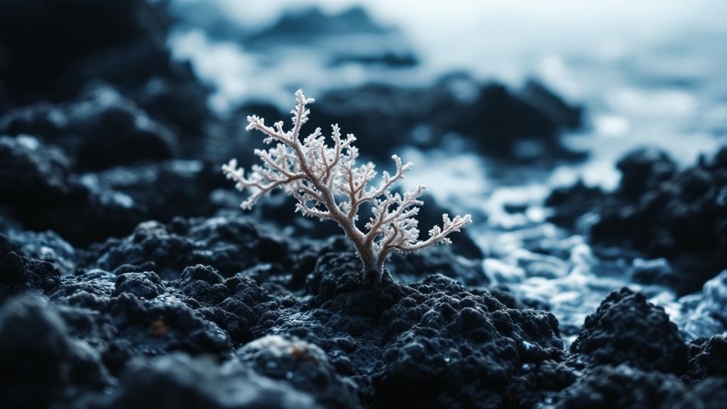 A giant manta ray swims gracefully in the dark water, illuminated by a diver's light, with its mouth open to feed.