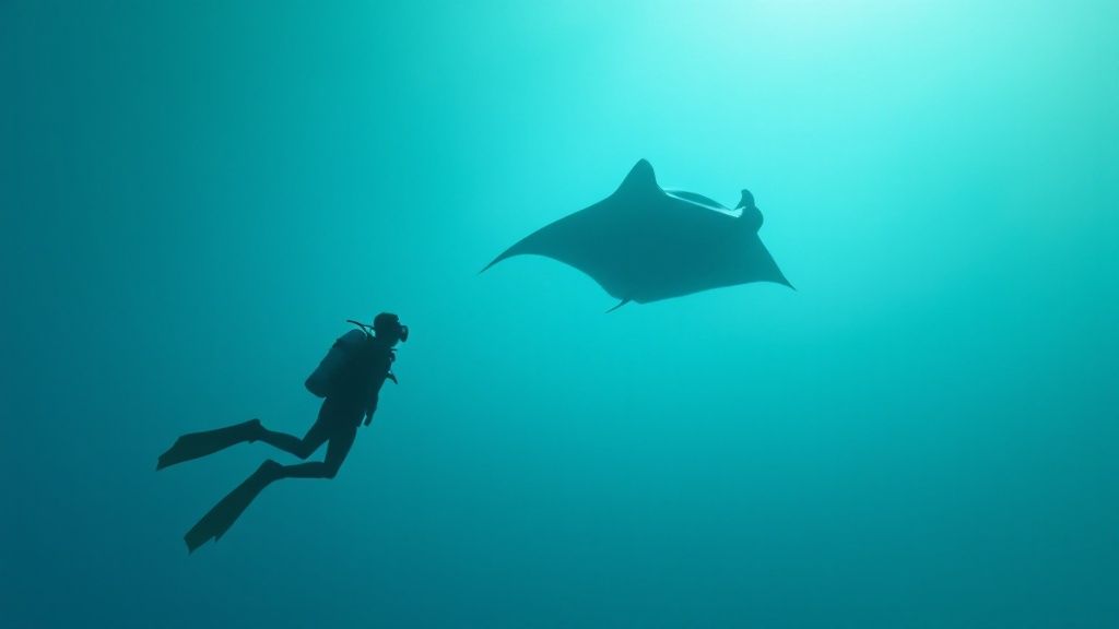A group of scuba divers watching several large manta rays feed at night.