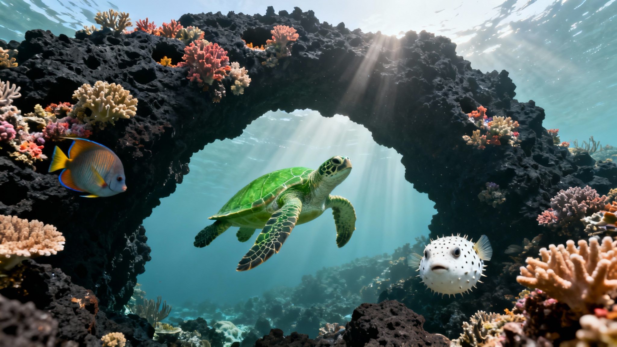 A vibrant underwater scene with a green sea turtle, angelfish, and pufferfish around a coral arch.