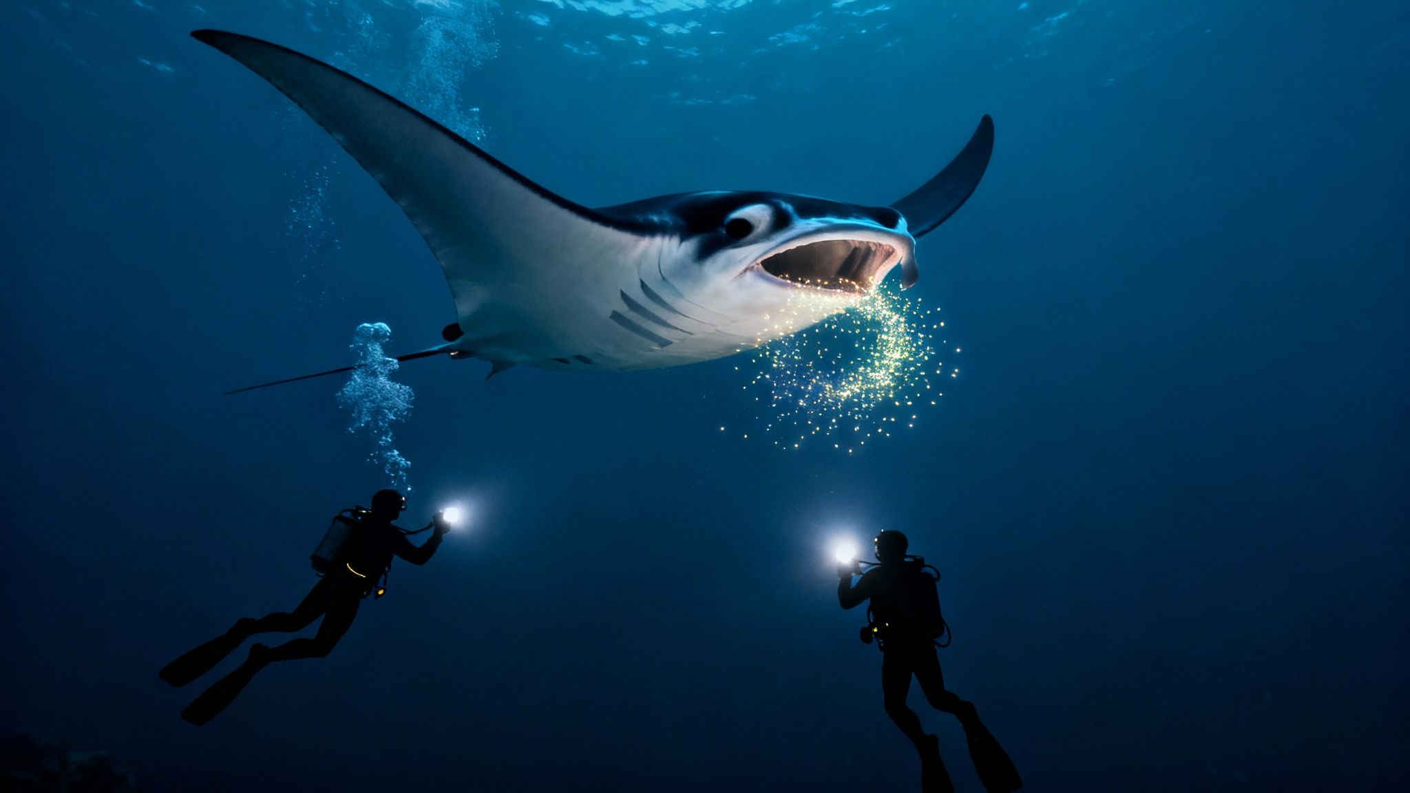 Two scuba divers observe a majestic manta ray feeding on glowing plankton in the deep blue sea.