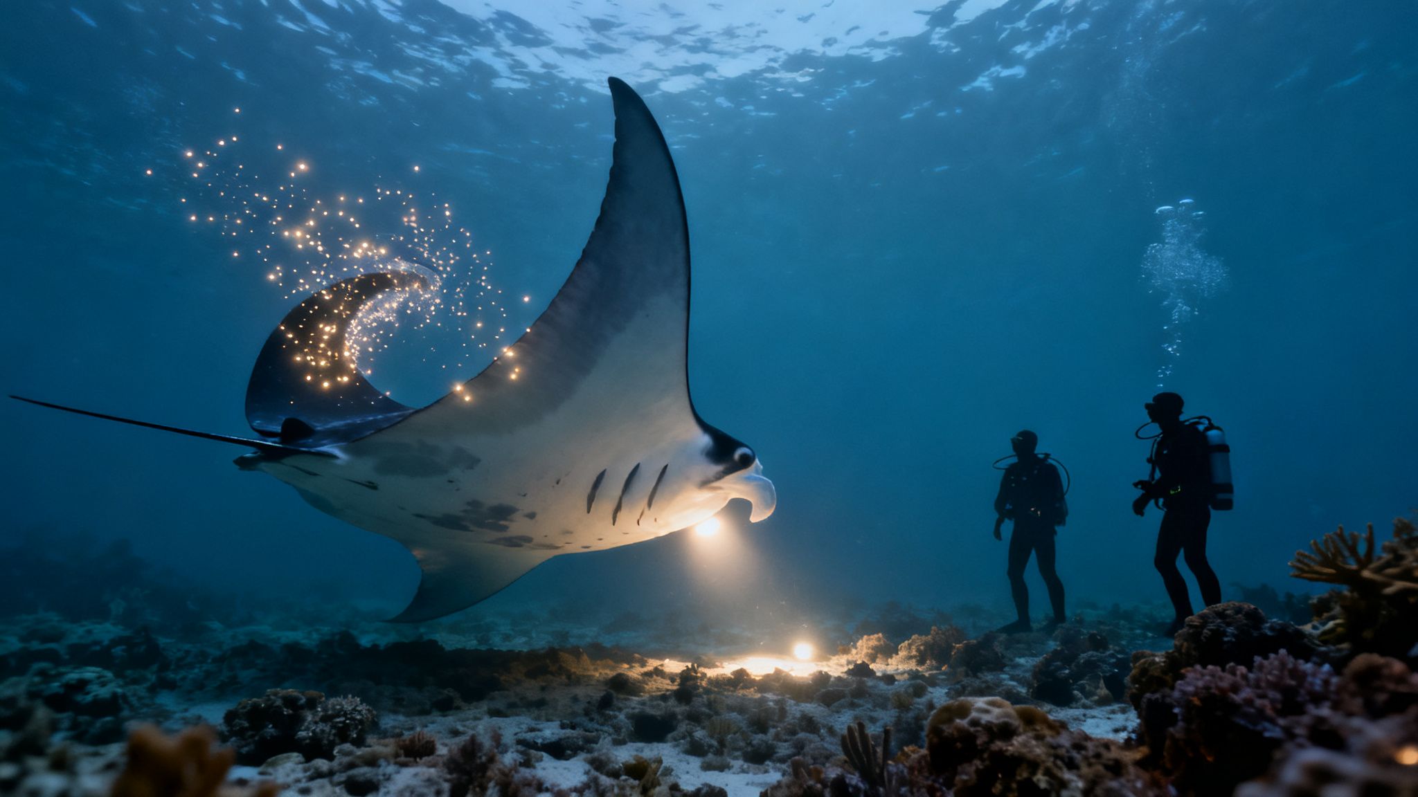 A majestic manta ray with a sparkling tail swims above a coral reef, observed by two scuba divers.