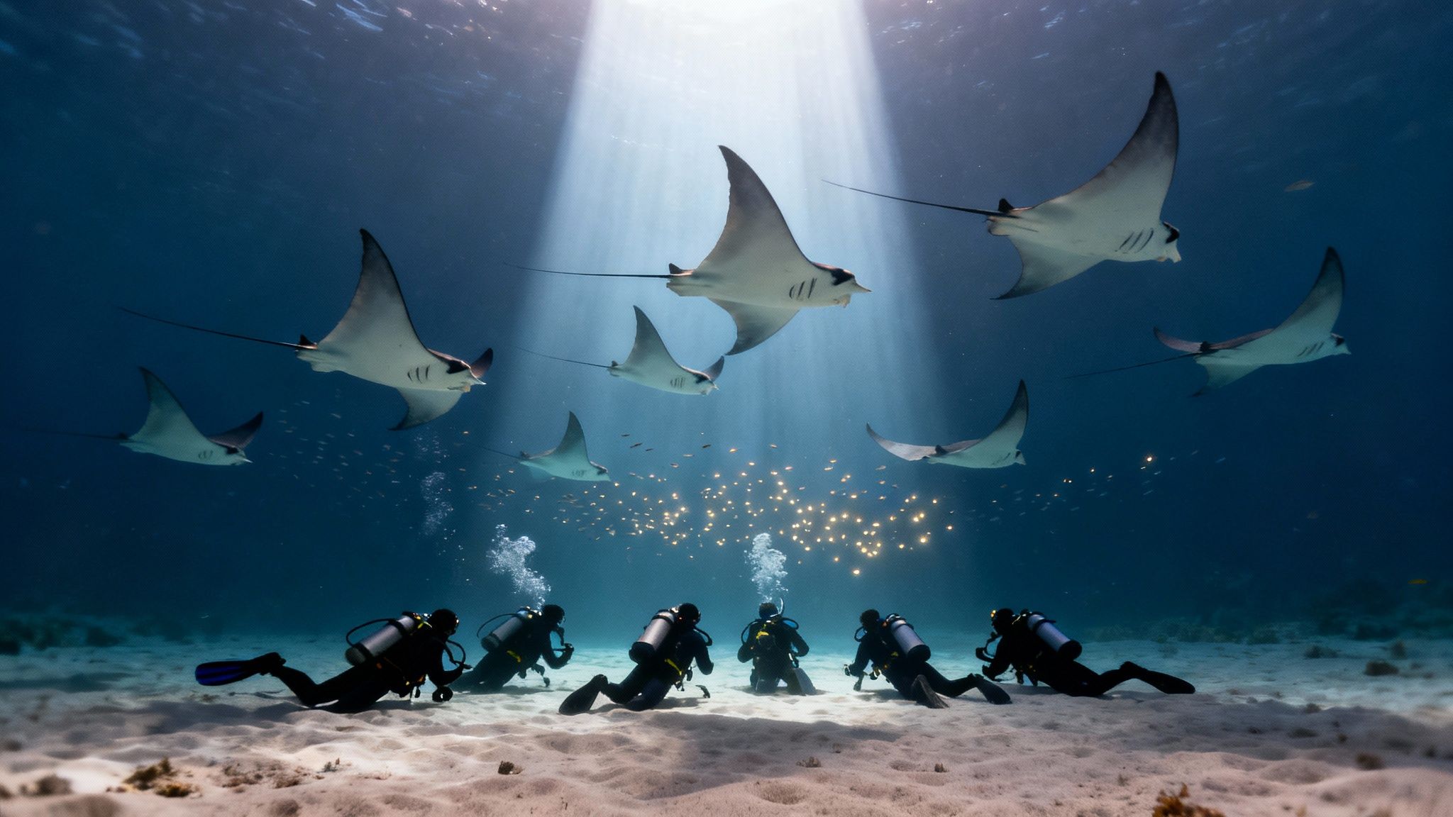 Divers observe multiple graceful manta rays swimming overhead in a sunlit ocean.