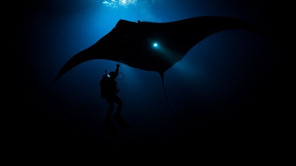 Divers observing a manta ray in the waters off the Big Island
