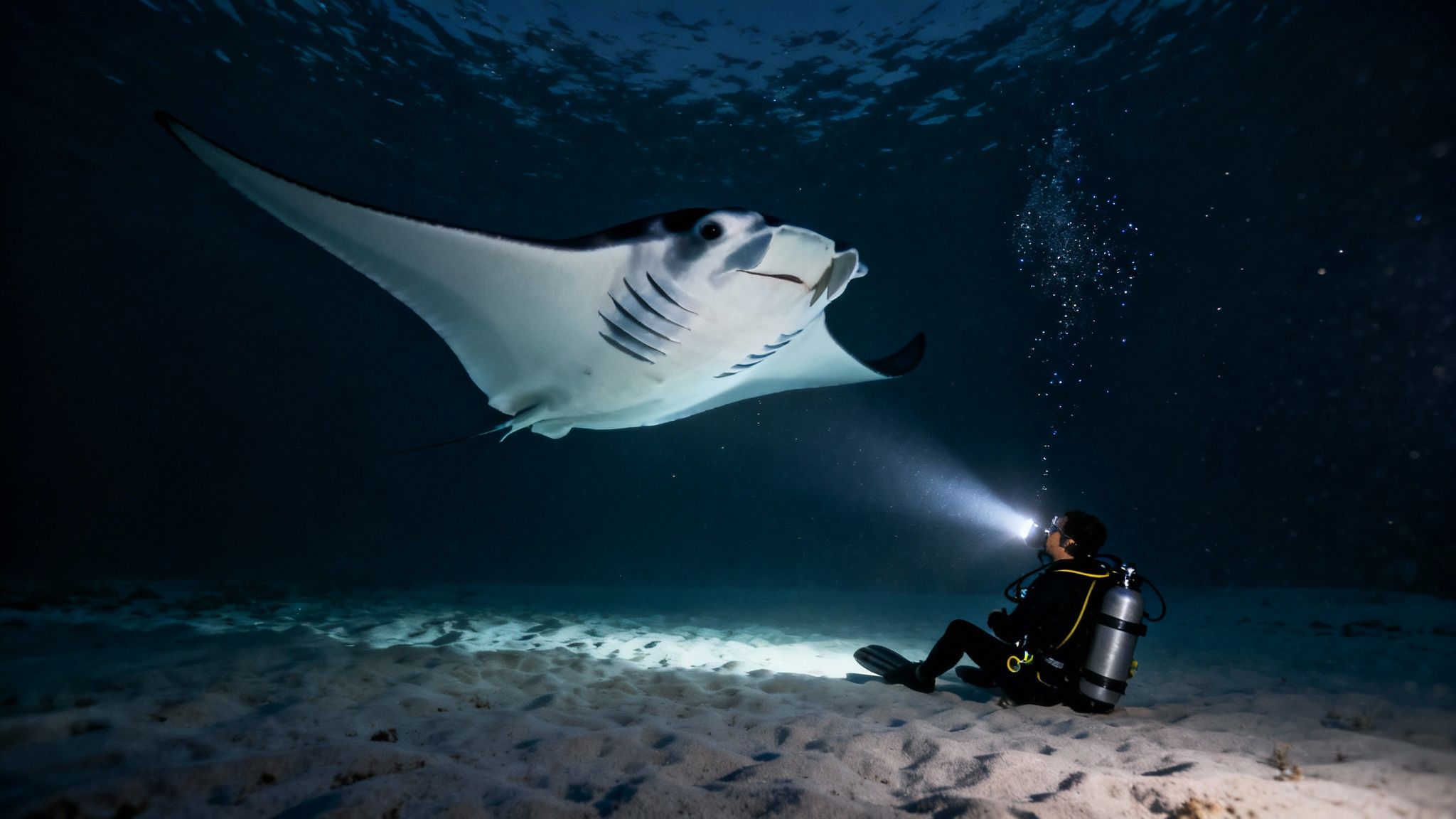 A diver illuminates a manta ray with a flashlight underwater while sitting on a sandy seabed.