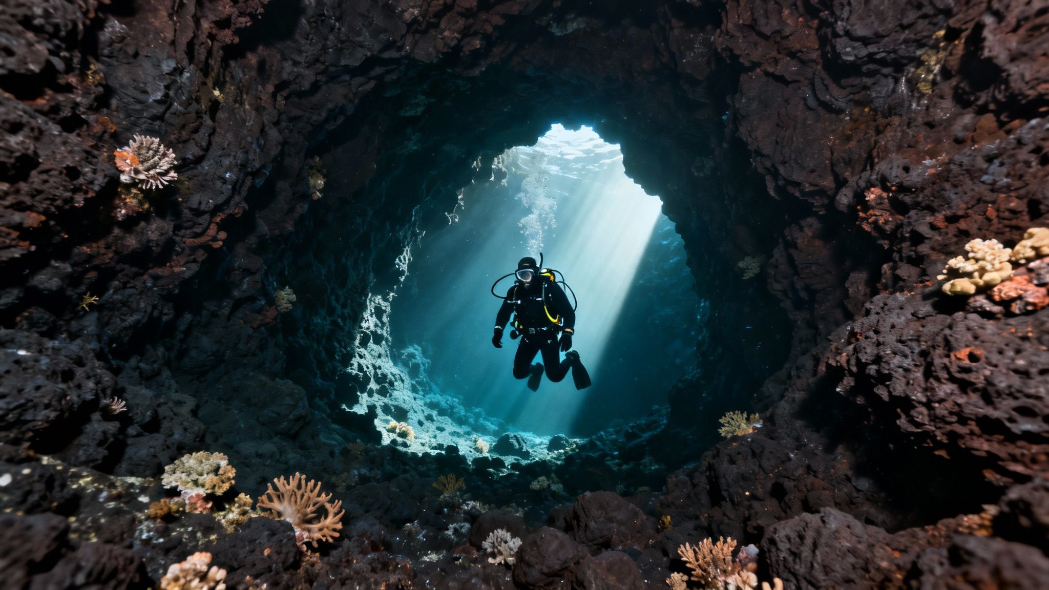 A scuba diver explores a dark underwater cave with vibrant coral and sun rays illuminating the water.