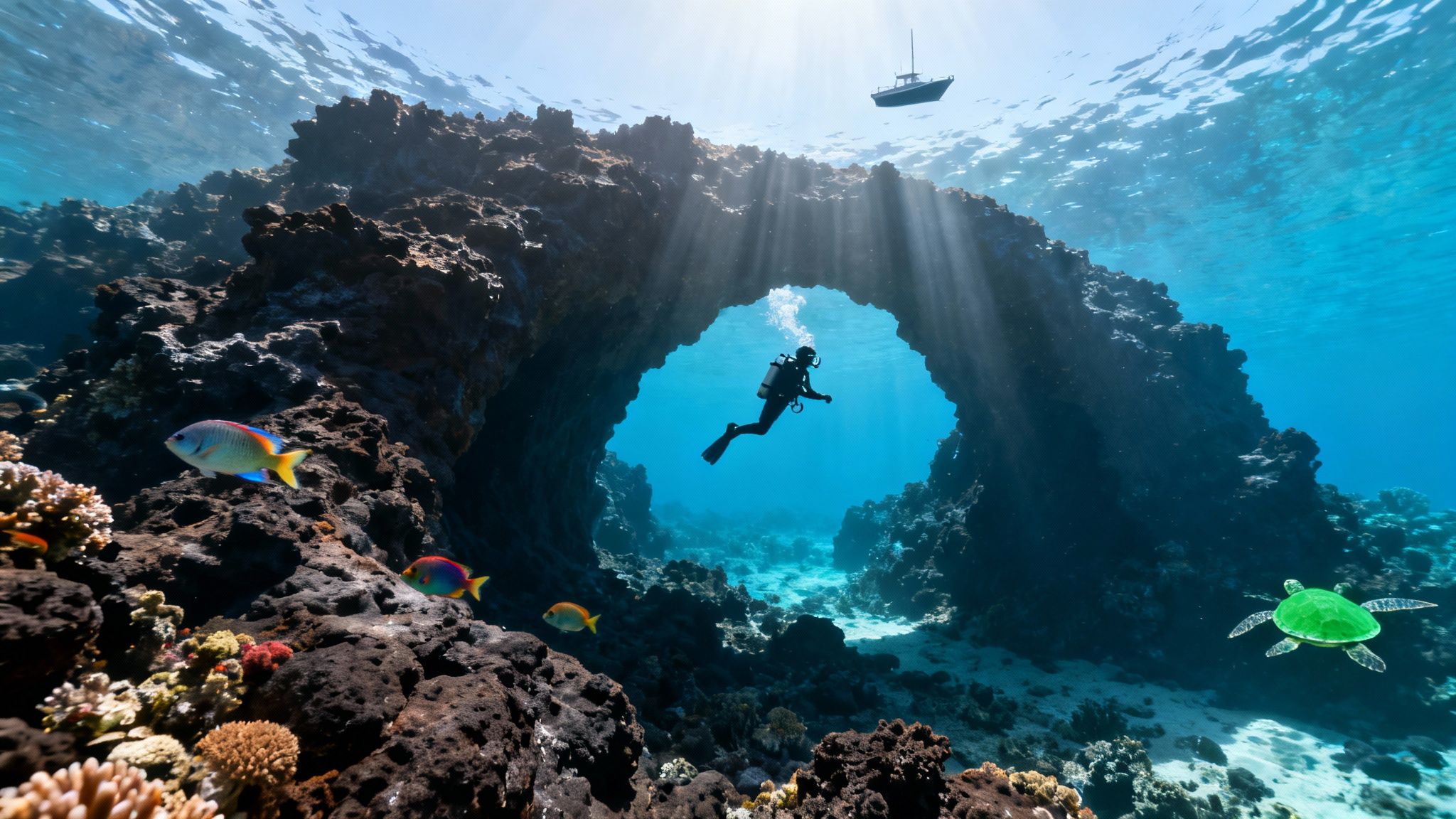 A scuba diver explores a vibrant coral reef archway with fish and a boat overhead.