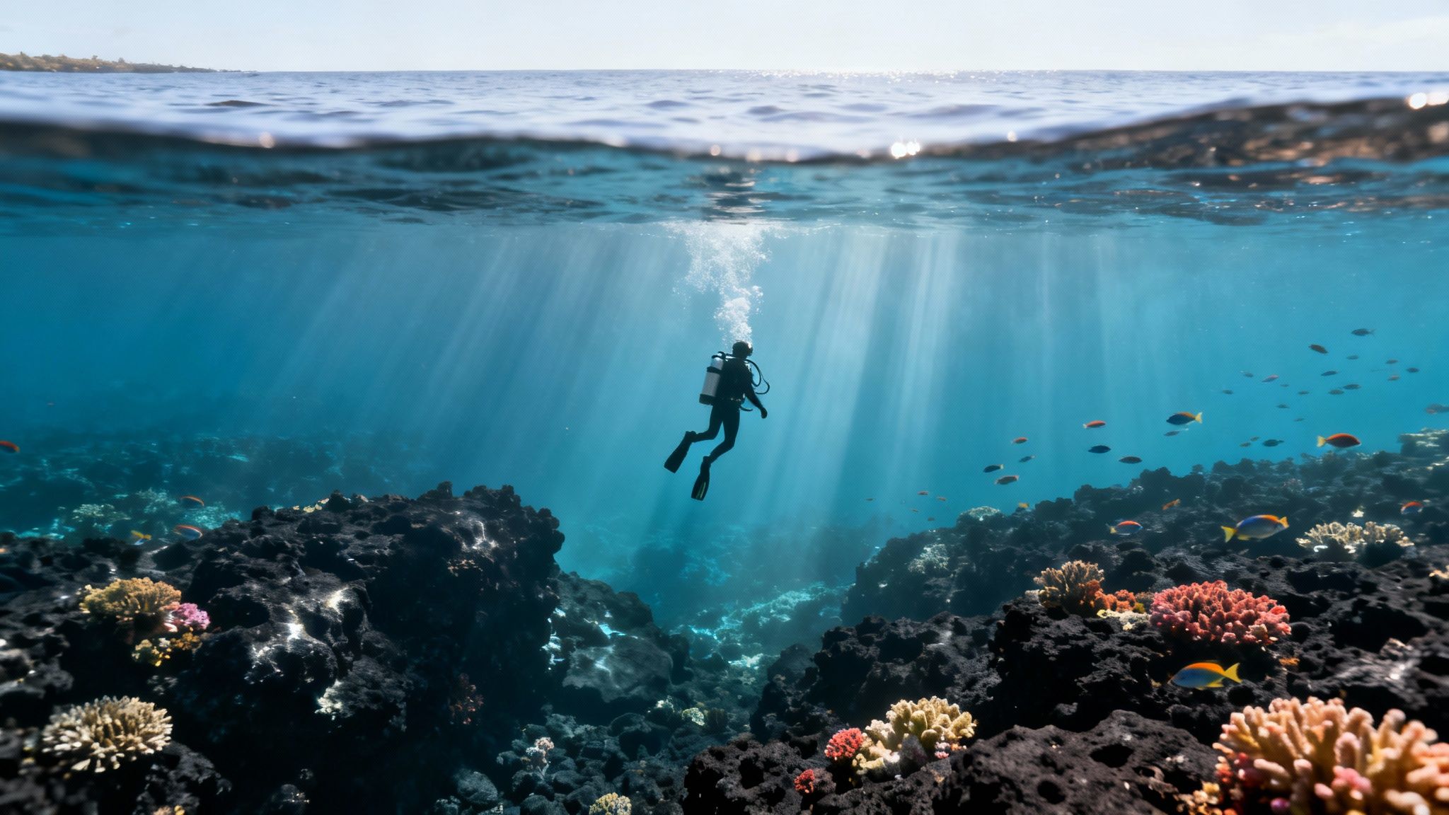 A scuba diver explores a vibrant coral reef with sun rays shining through the clear blue ocean.
