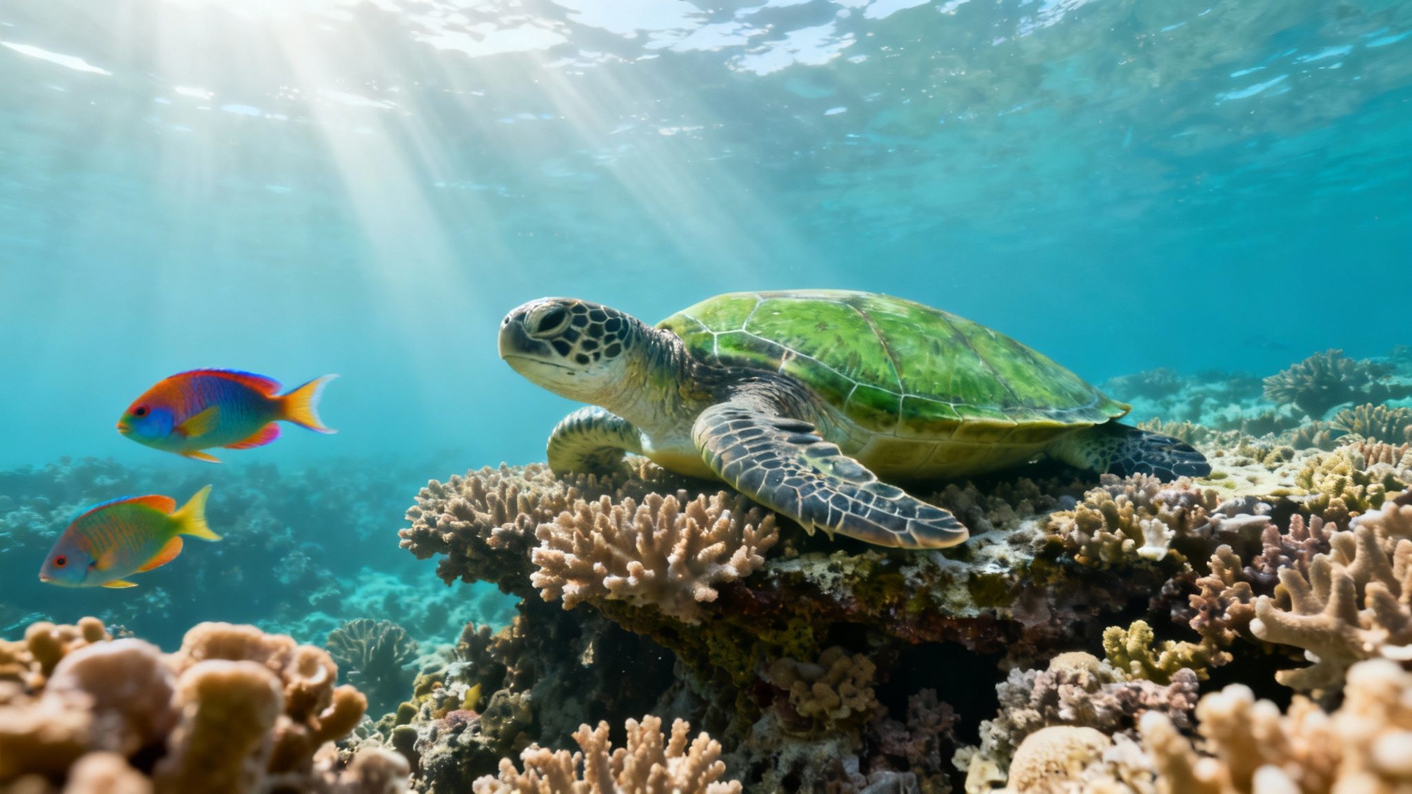 A vibrant yellow tang fish swims gracefully among the coral reefs of the Big Island, Hawaii.