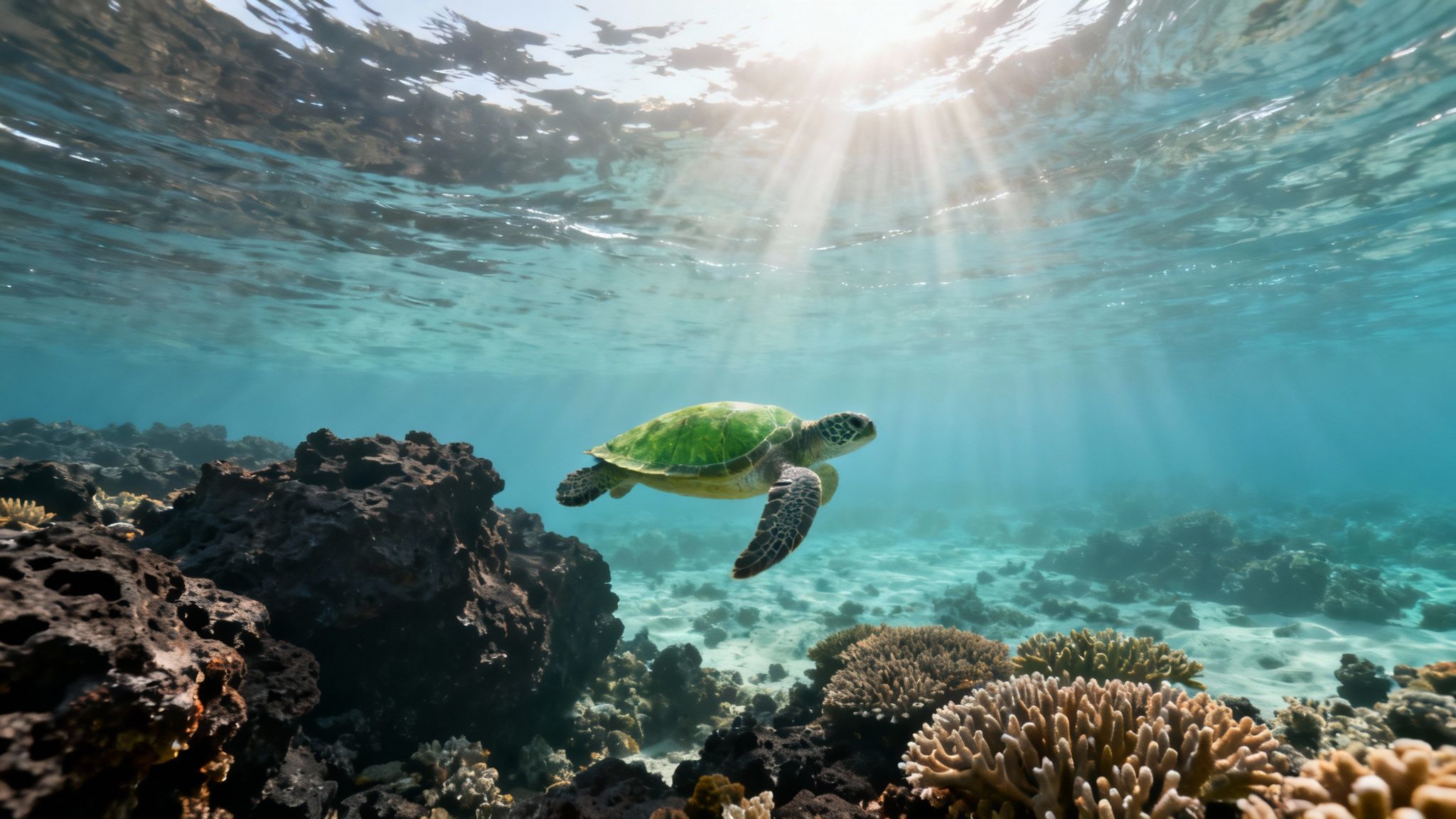 A majestic green sea turtle swims gracefully through clear blue ocean water near vibrant coral reefs, bathed in sun rays.