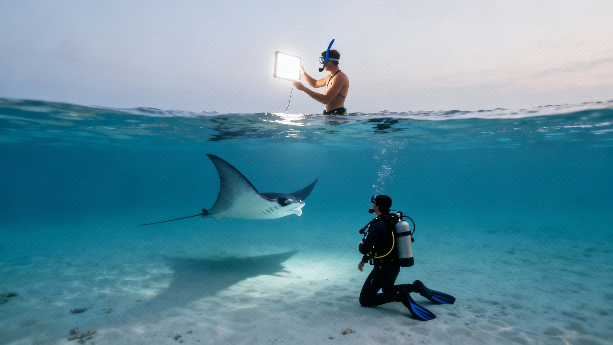 A split shot showing a scuba diver below and a snorkeler on the surface during the manta ray night dive in Kona.