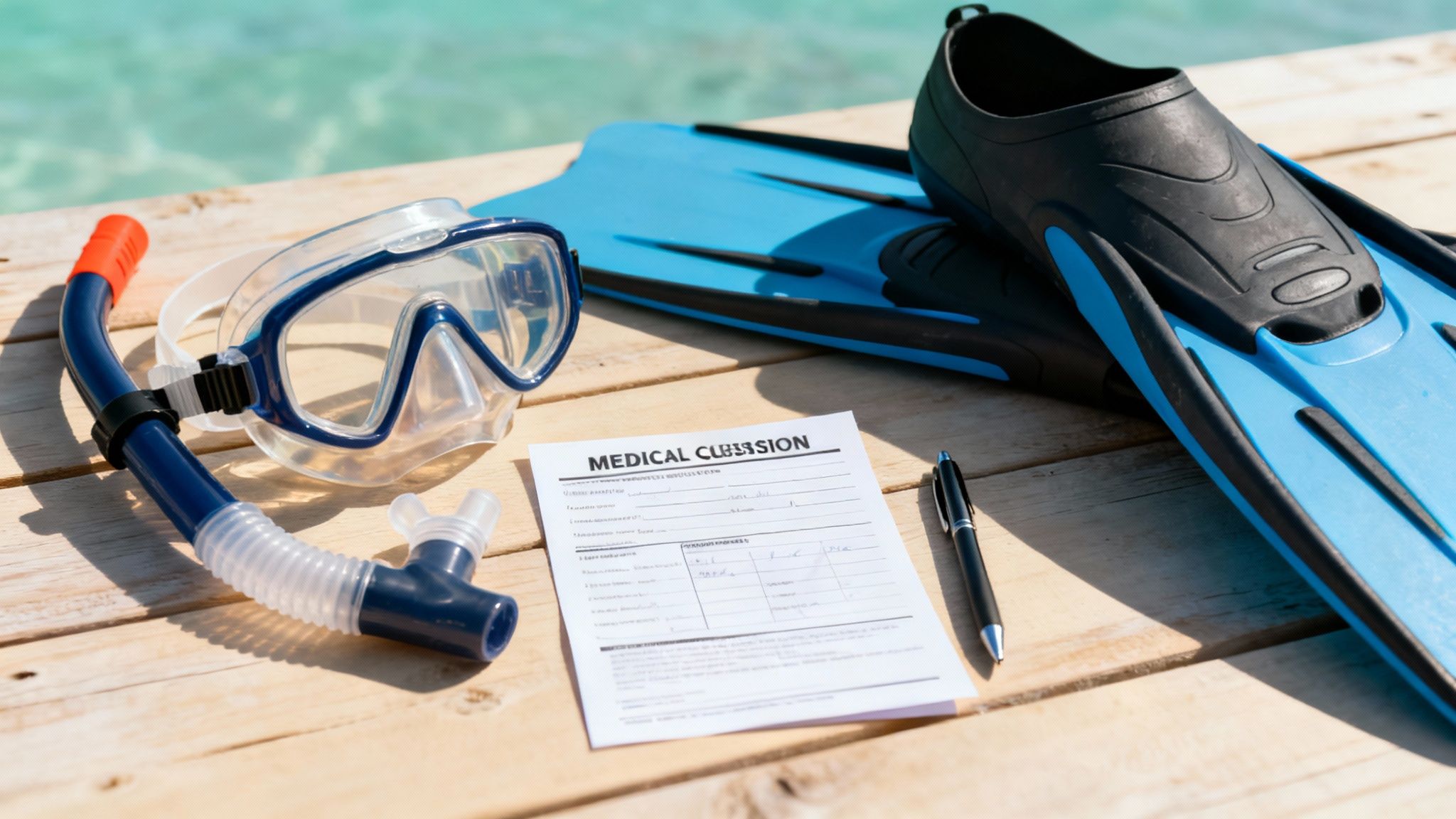 Snorkeling gear, a medical form, and a pen rest on a wooden dock near clear blue water.