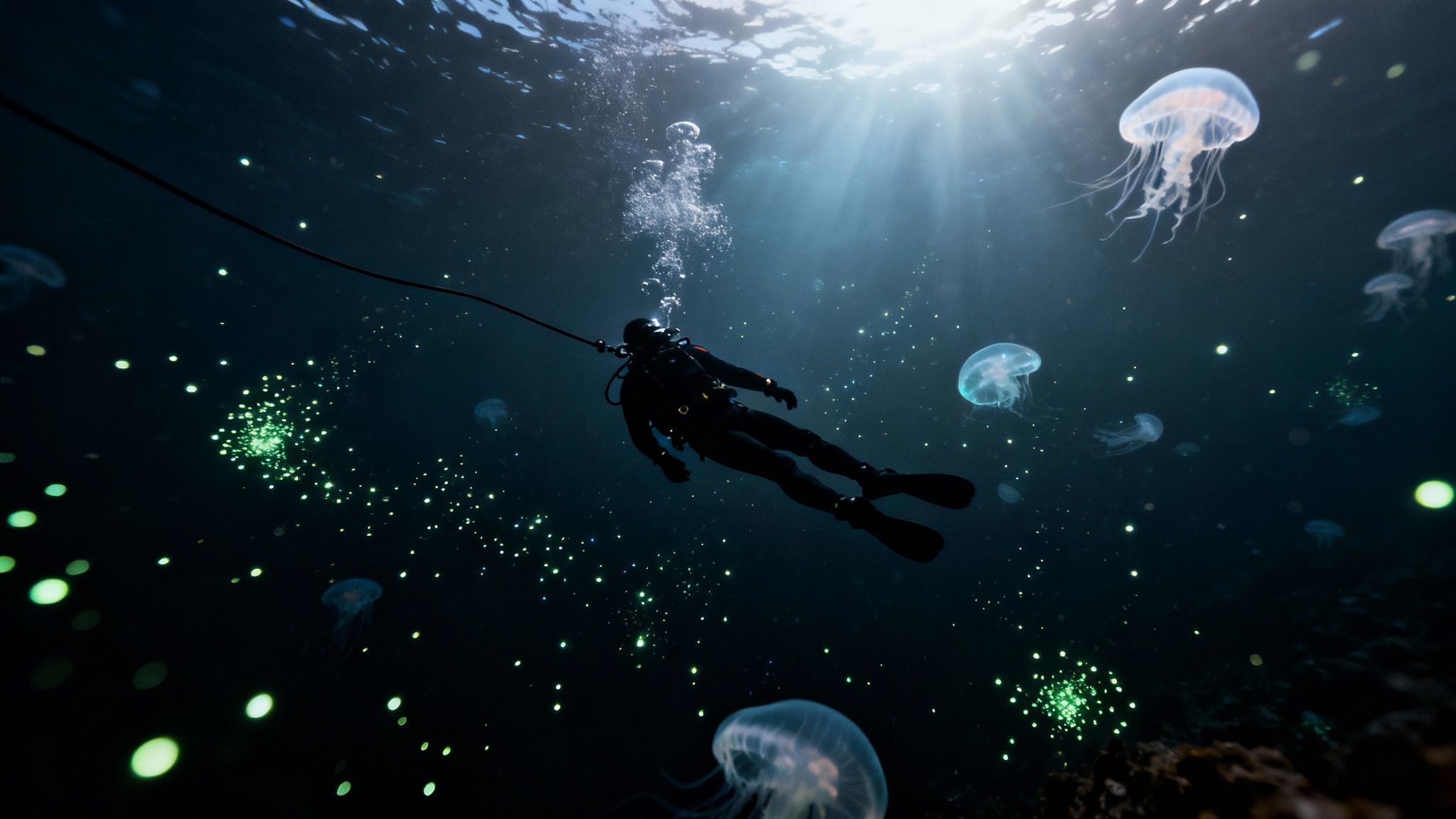 A bioluminescent creature glows in the dark ocean during a Kona blackwater dive.