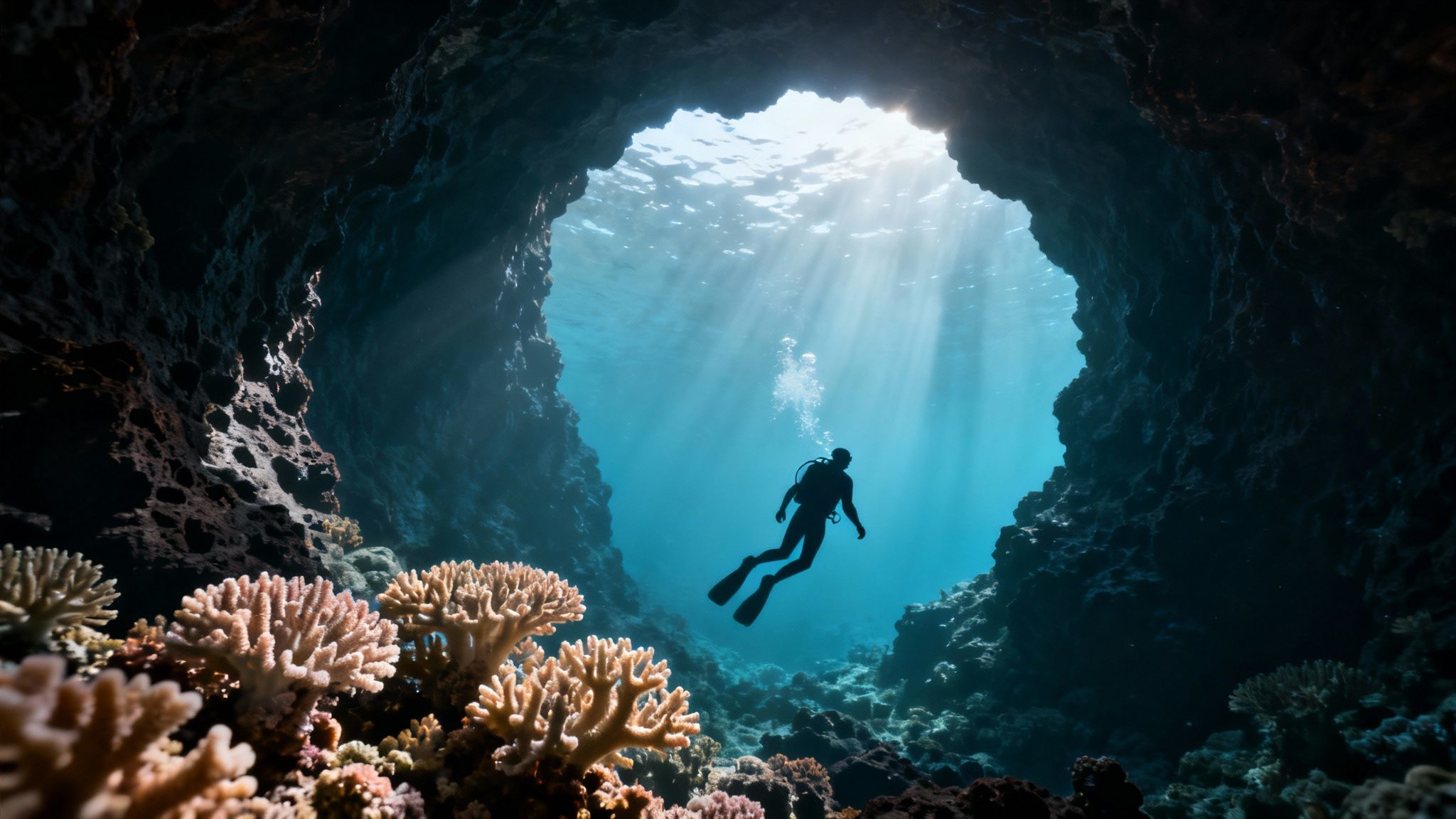 A lone diver explores a sunlit underwater cave opening, surrounded by vibrant coral formations.