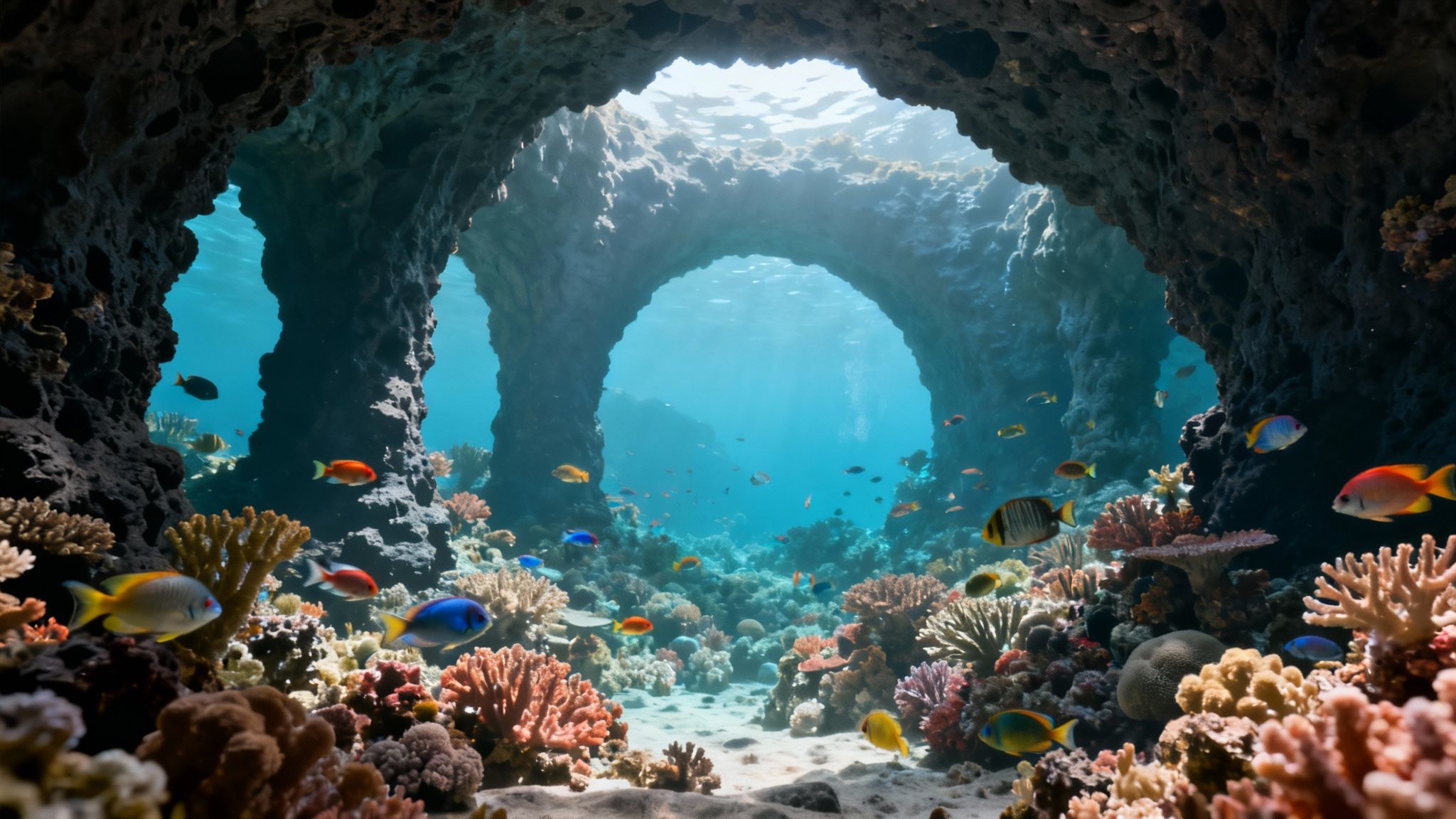 A scuba diver explores a vibrant coral reef teeming with fish on the Big Island.