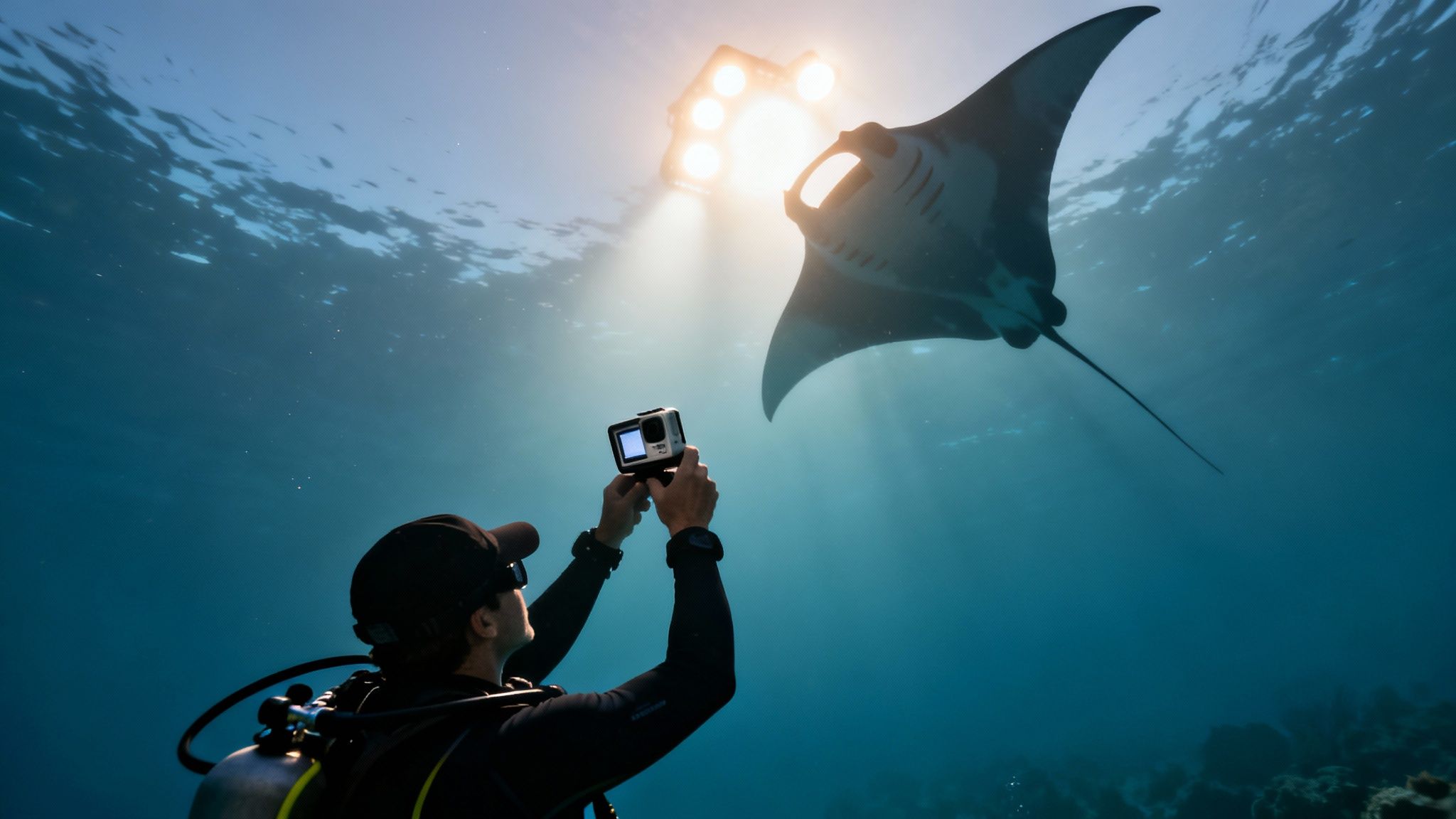 A diver photographs a majestic manta ray swimming gracefully under bright lights in the deep blue ocean.